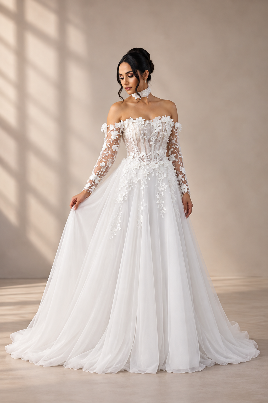 JOLENE A timeless mermaid wedding dress featuring a beautifully detailed lace bodice with a deep illusion V-neckline and delicate beaded straps. The sleek fitted silhouette flows effortlessly into a soft flared skirt and graceful lace-edged train