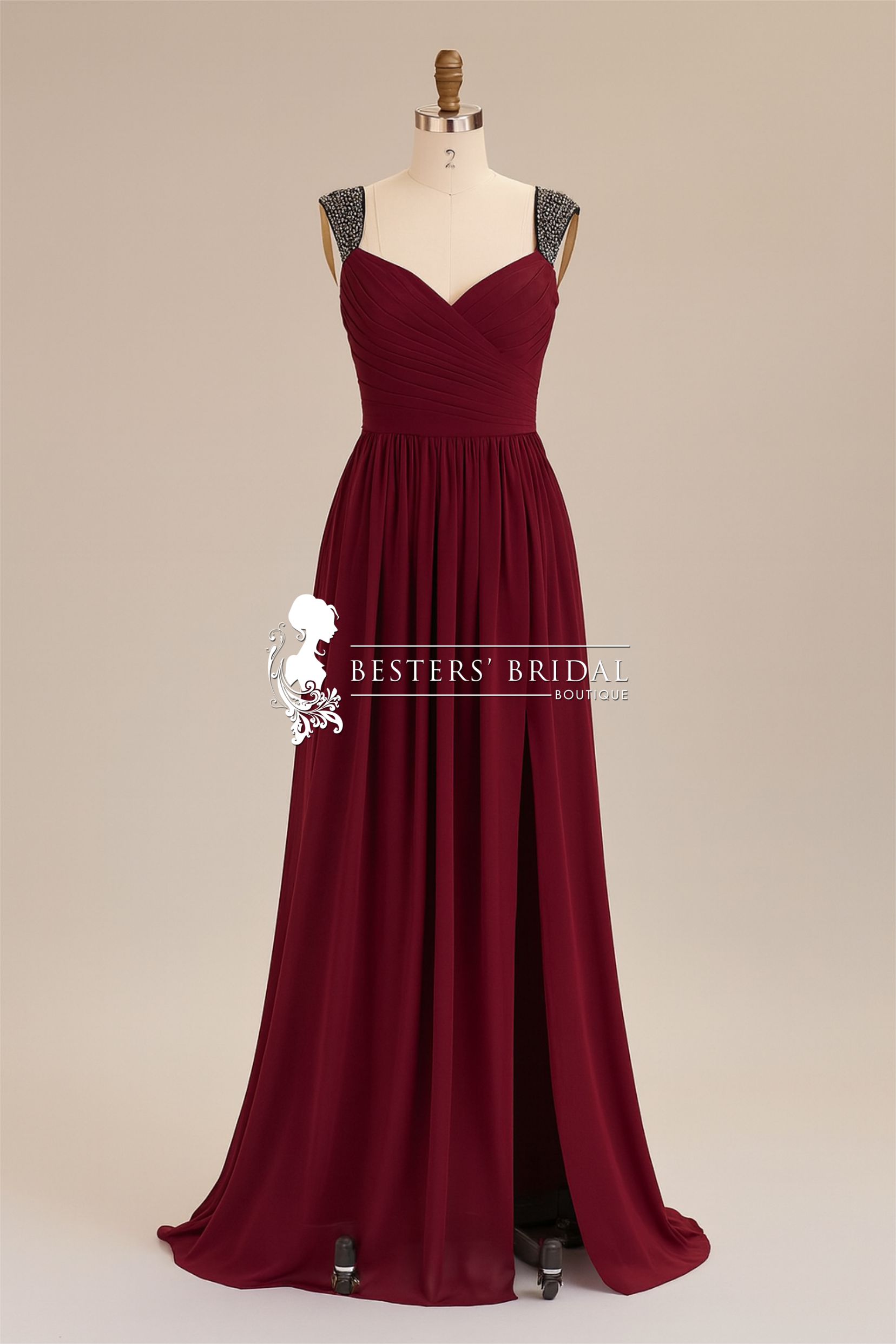 LANA Designer Ruched Chiffon Slit Evening Dress