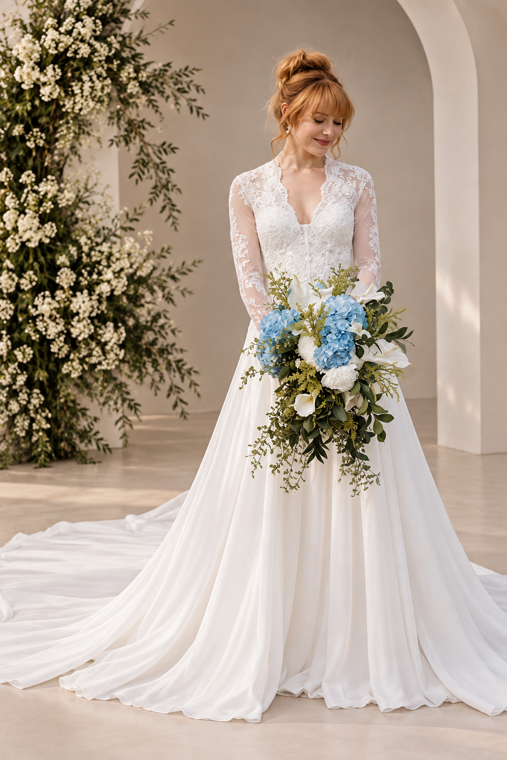 URSULA Elegant fitted crepe gown with a lace sweetheart bodice, flattering ruching, thigh-high slit and graceful train.