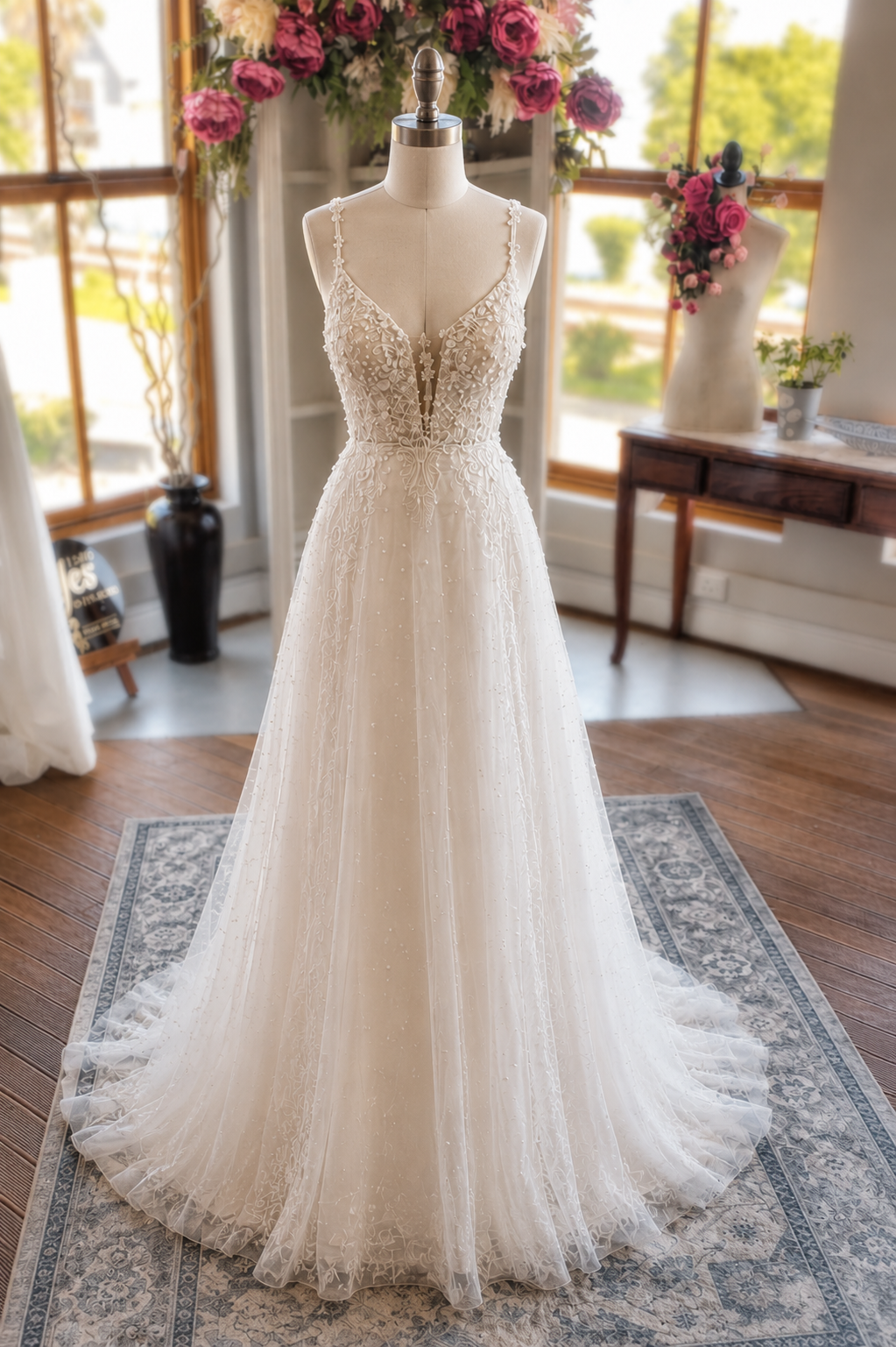 SHANTE A romantic A-line bridal gown featuring delicate lace appliqués, a plunging illusion neckline, and a soft flowing tulle skirt. 