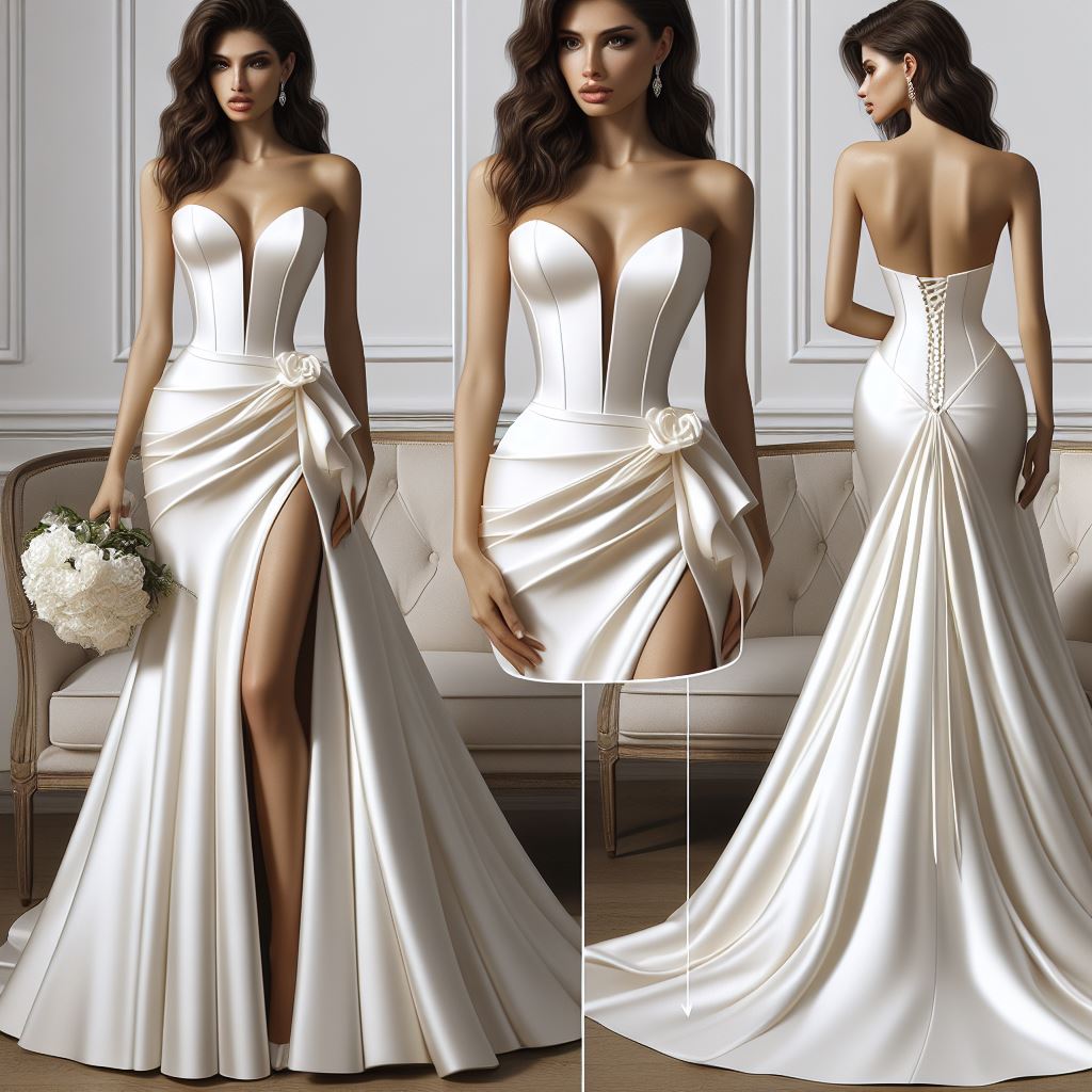 A STRIKING DEEP-PLUNGE SWEETHEART NECKLINE GRACES THE FITTED BODICE OF THIS BRIDAL GOWN, ACCENTUATING THE FIGURE WITH A SENSUOUS SIDE DRAPE AND A HIGH SLIT THAT ADDS VOLUME TO THE MERMAID SILHOUETTE. THE CORSET BACK CLOSURE ENSURES A SNUG FIT, WHILE A FISH TAIL INSERT ENHANCES THE OVERALL ALLURE OF THIS ELEGANT WEDDING DRESS.