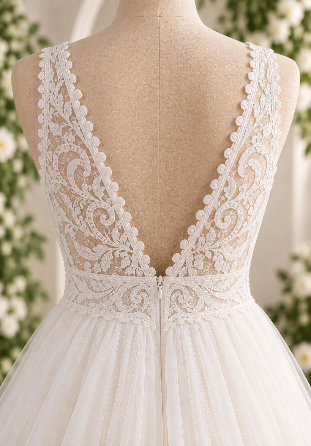 HF4190 Blush & ivory ball gown with a flowing tulle skirt and beautifully detailed lace bodice.