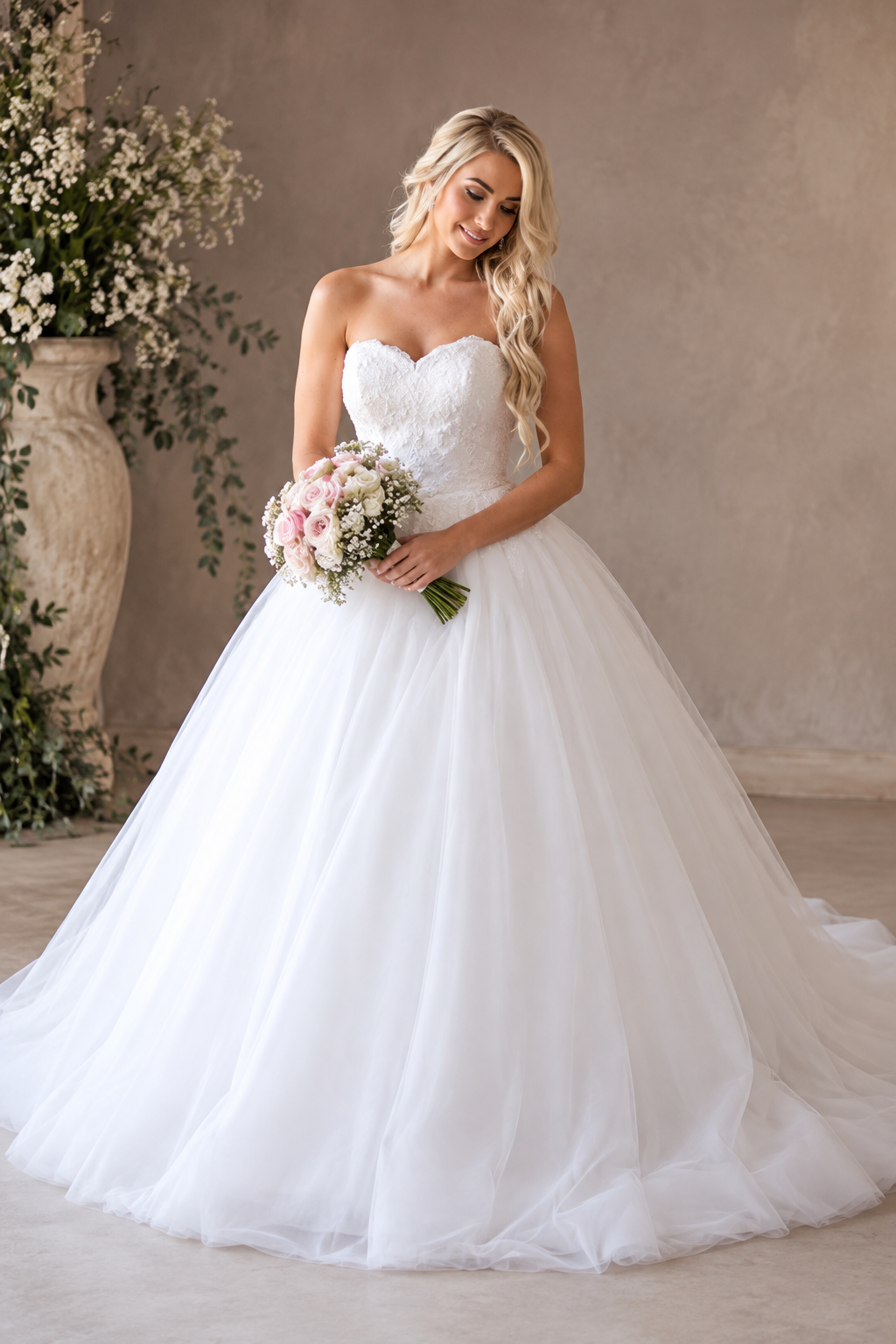 JOLENE A timeless mermaid wedding dress featuring a beautifully detailed lace bodice with a deep illusion V-neckline and delicate beaded straps. The sleek fitted silhouette flows effortlessly into a soft flared skirt and graceful lace-edged train