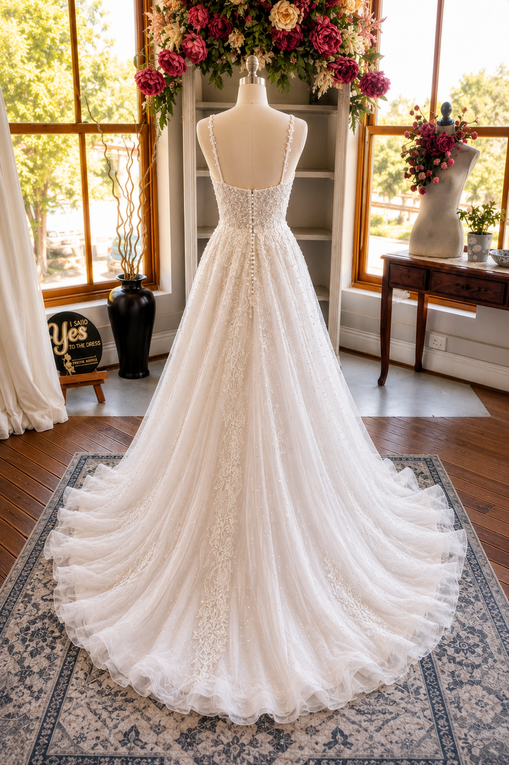 SHANTE A romantic A-line bridal gown featuring delicate lace appliqués, a plunging illusion neckline, and a soft flowing tulle skirt. 