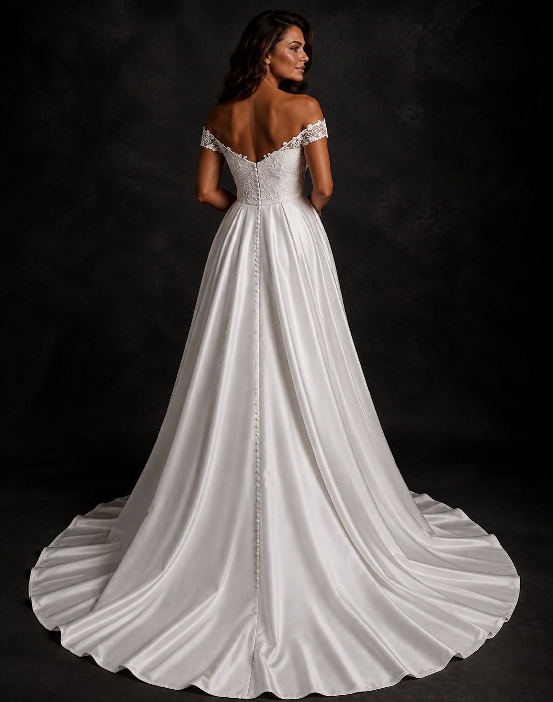 URSULA Elegant fitted crepe gown with a lace sweetheart bodice, flattering ruching, thigh-high slit and graceful train.