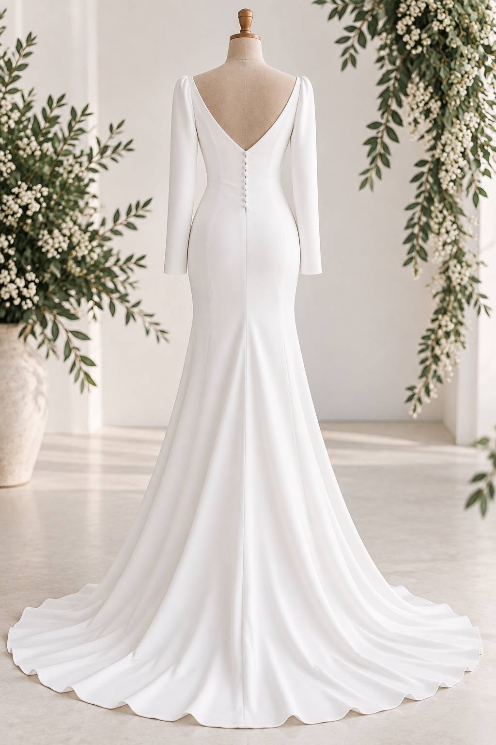 URSULA Elegant fitted crepe gown with a lace sweetheart bodice, flattering ruching, thigh-high slit and graceful train. 