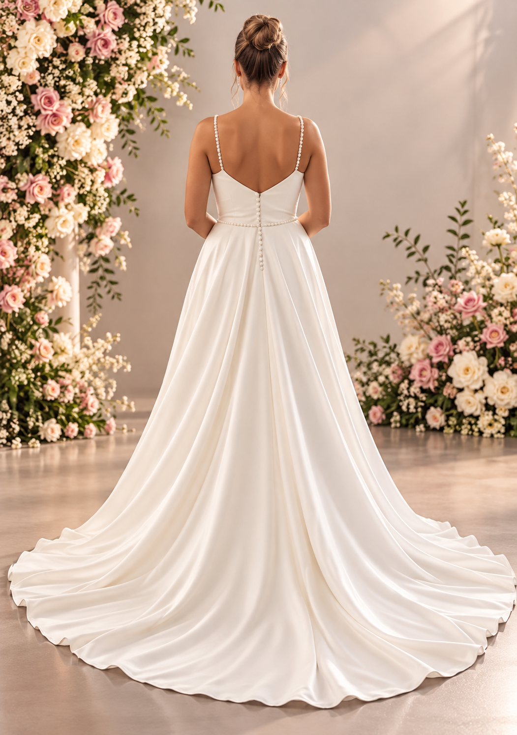 URSULA Elegant fitted crepe gown with a lace sweetheart bodice, flattering ruching, thigh-high slit and graceful train.