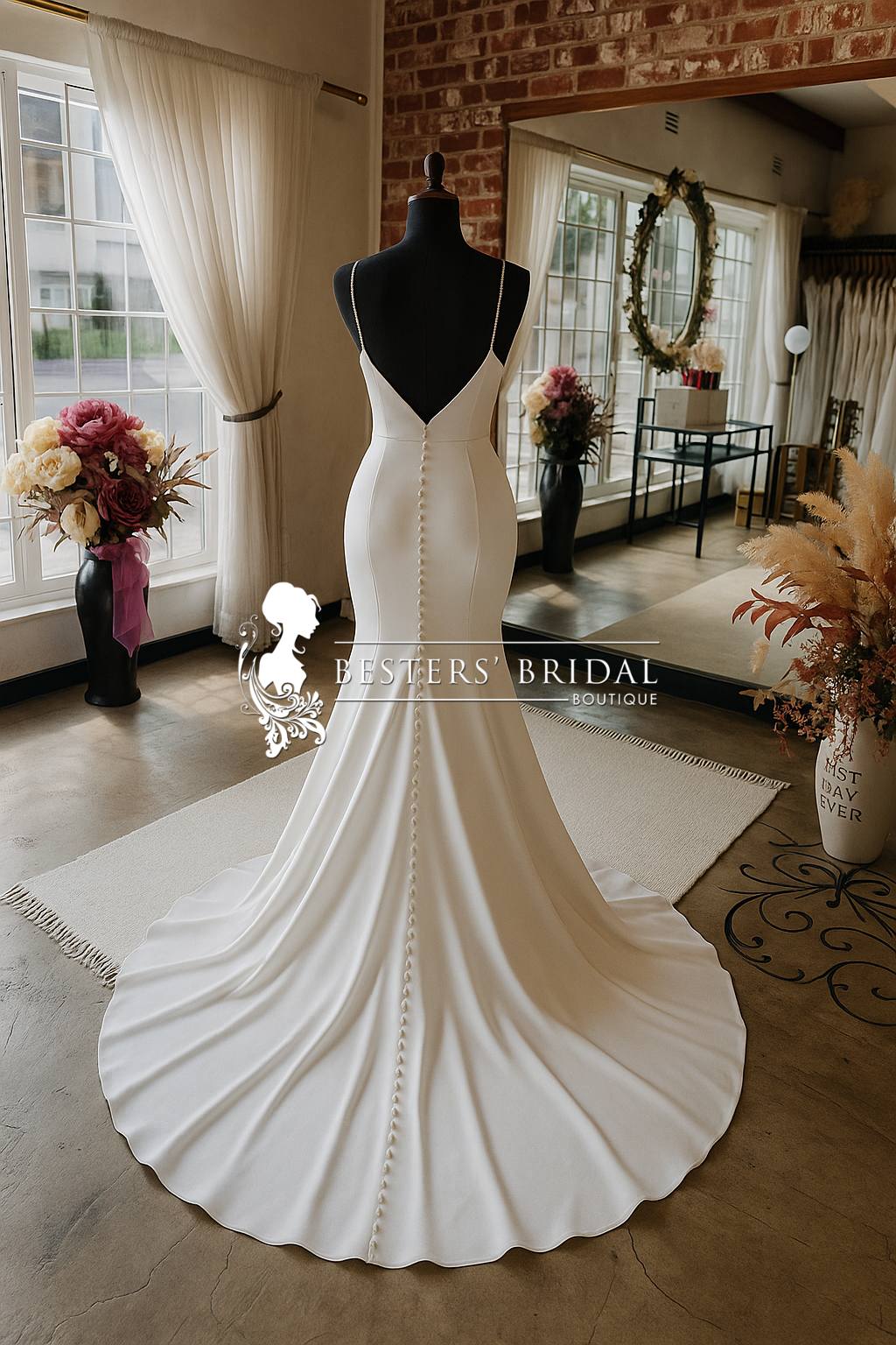 ZANELE Graceful. Confident. Unforgettable.  The Zanele gown is a celebration of modern elegance — designed for the bride who wants to make a timeless statement. This figure-hugging bridal dress is crafted in your choice of luxurious crepe (matt) or Milano stretch satin (shiny), offering a smooth silhouette with the perfect blend of structure and comfort.  Featuring a deep plunge neckline, spaghetti straps, and a flattering fit-and-flare skirt that flows into a romantic train, this gown embodies sophistication. The low V-back with a delicate button-down detail adds just the right touch of glamour from every angle.