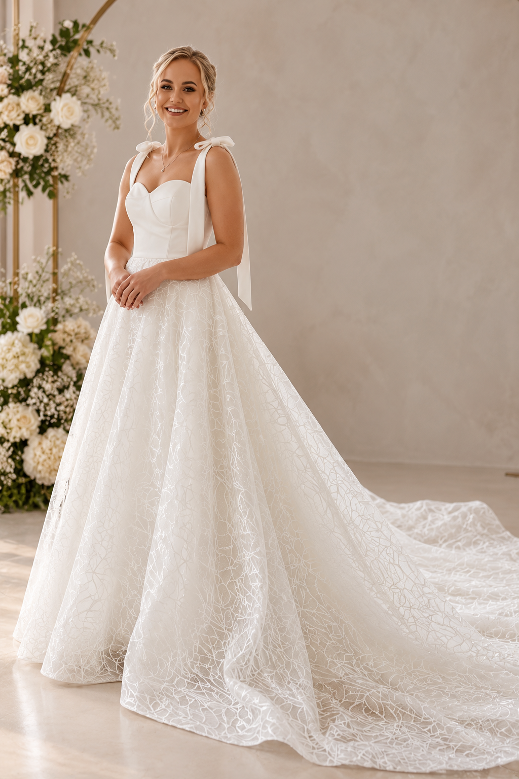 dominique Elegant off-white wedding dress featuring a structured crepe sweetheart bodice with statement shoulder ties and a full botanical lace A-line skirt with a beautiful flowing train.