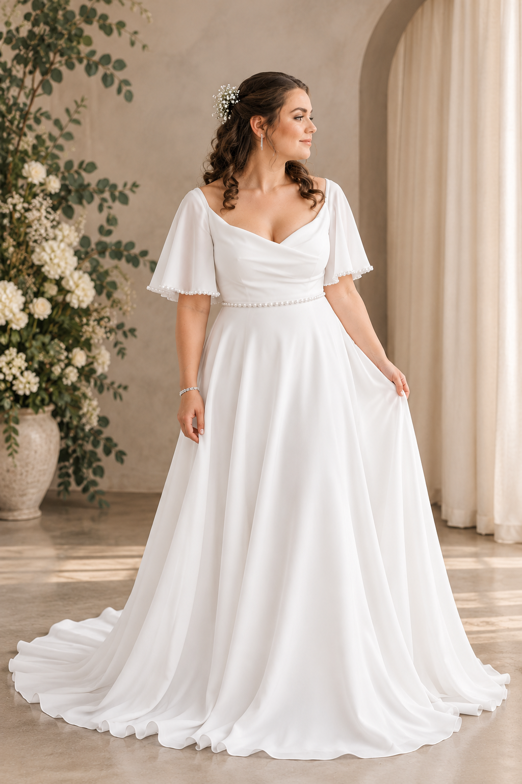 alicia An elegant off-white crepe A-line wedding dress with a softly draped bodice, flutter sleeves and delicate pearl detailing.