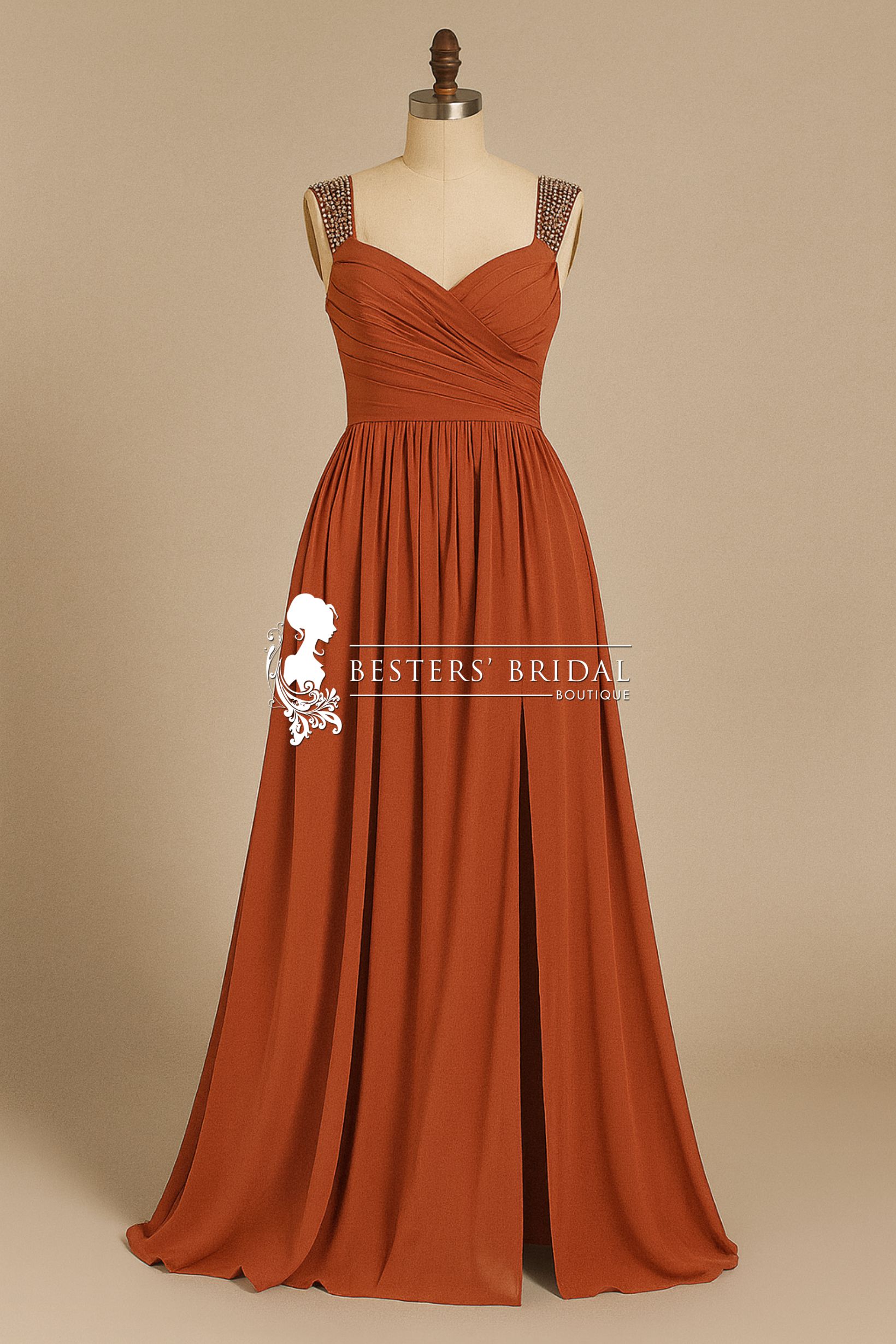 LANA Designer Ruched Chiffon Slit Evening Dress