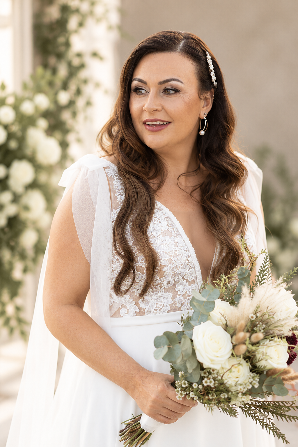 URSULA Elegant fitted crepe gown with a lace sweetheart bodice, flattering ruching, thigh-high slit and graceful train.