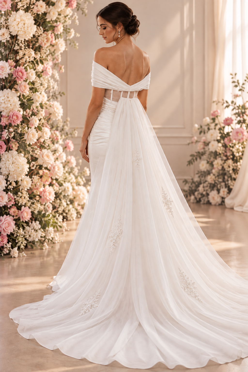 URSULA Elegant fitted crepe gown with a lace sweetheart bodice, flattering ruching, thigh-high slit and graceful train.