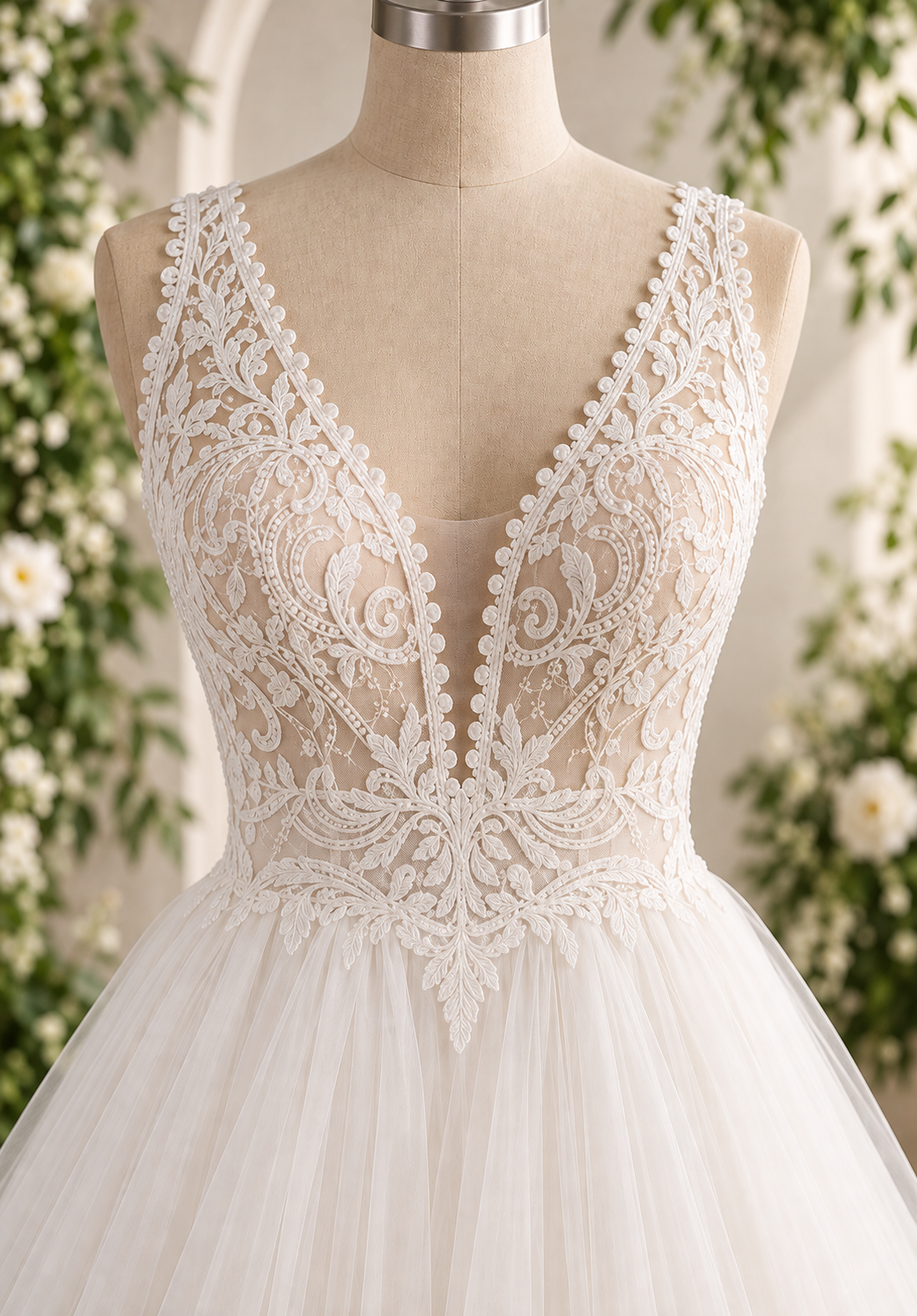 HF4190 Blush & ivory ball gown with a flowing tulle skirt and beautifully detailed lace bodice.
