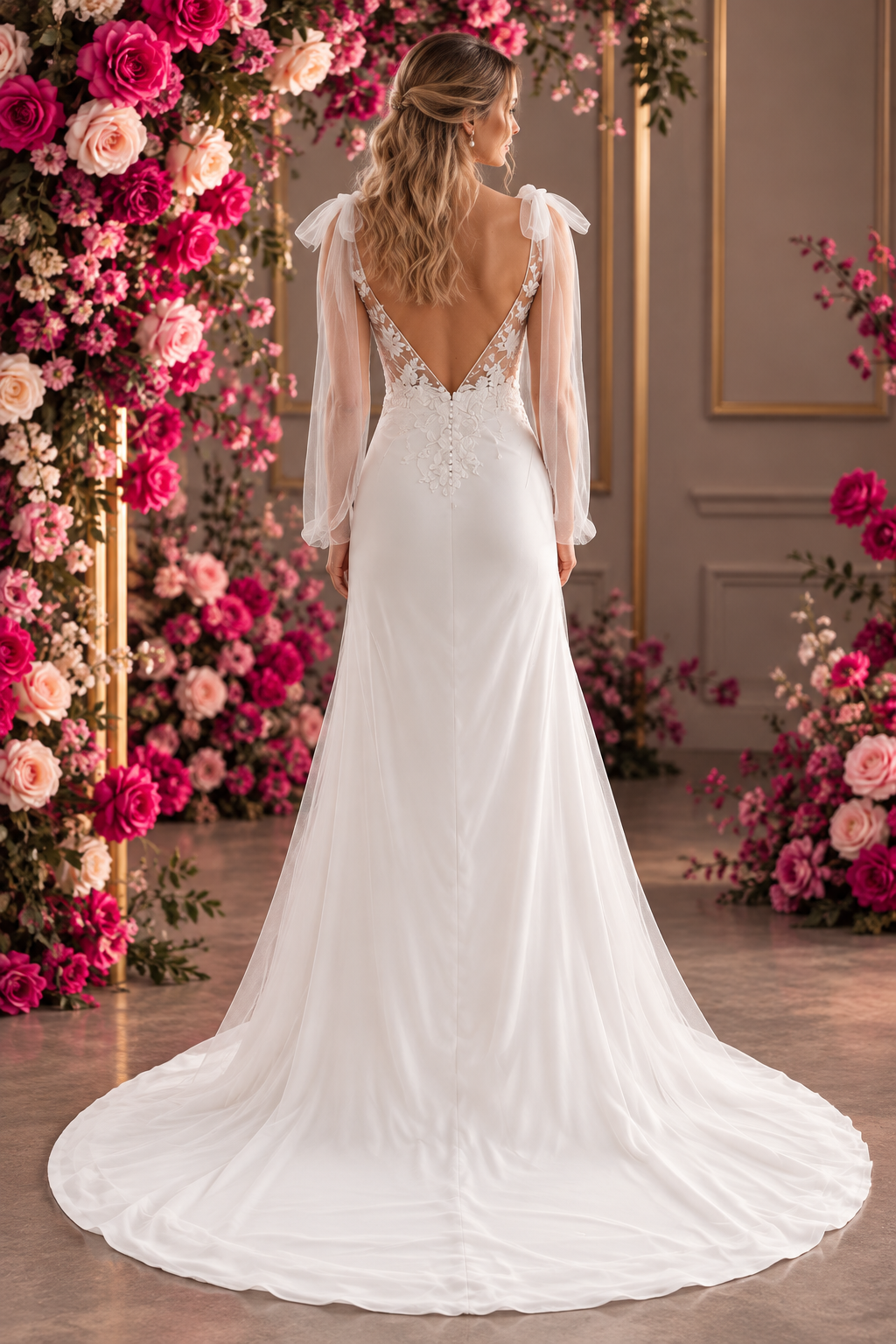 MARIZAAN An elegant off-white wedding dress featuring a delicate lace bodice with sheer lace sleeves, paired with a sleek crepe sheath skirt and a beautiful lace train. 