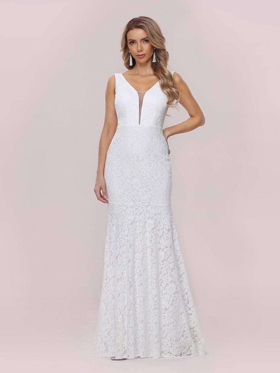 A LACE MERMAID WEDDING DRESS WITH A DEEP V NECK & FIGURE-HUGGING SKIRT.
