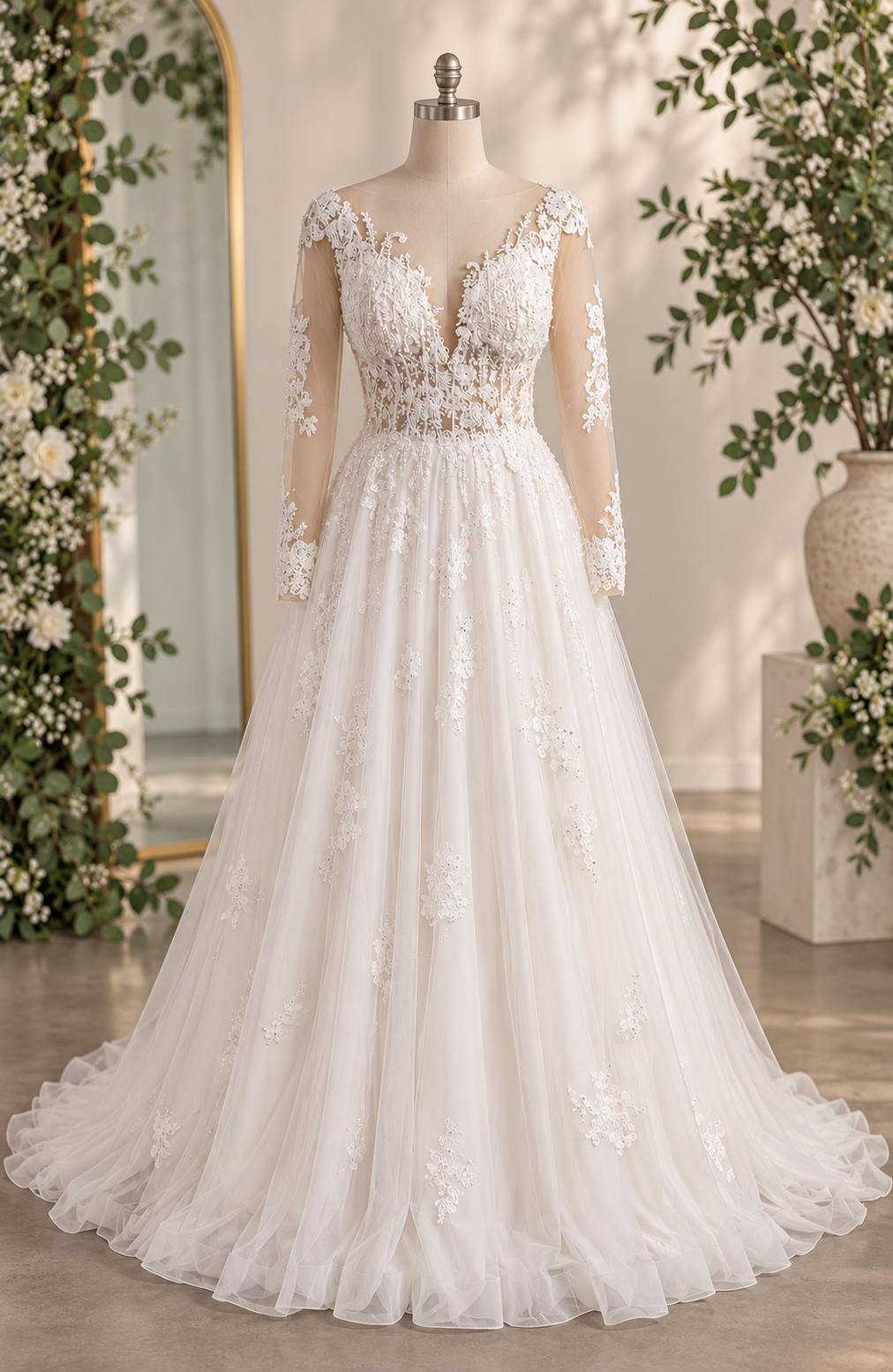 GILLIAN Romantic A-line bridal gown with delicate lace, sheer long sleeves and a beautifully flowing tulle skirt.
