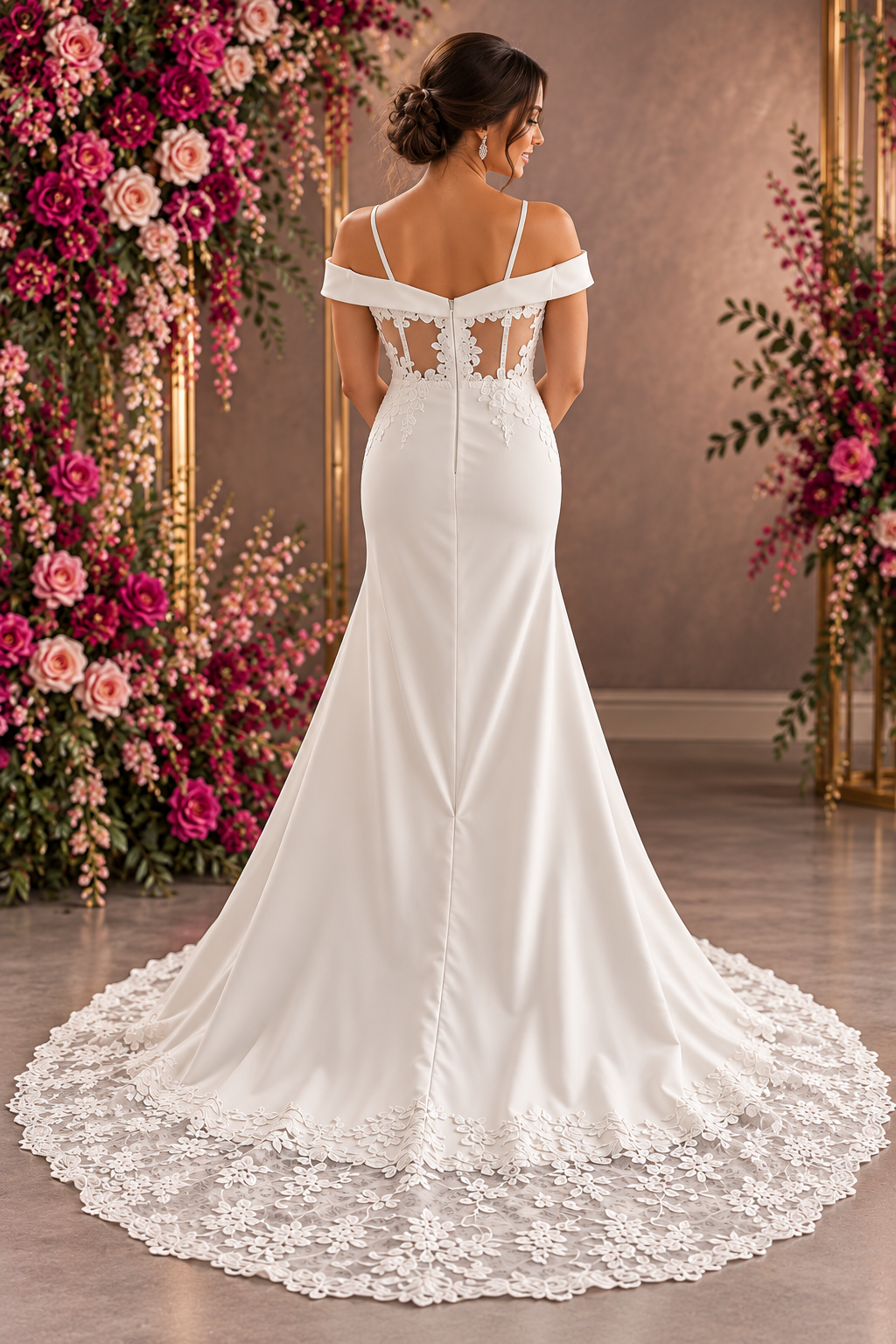 alicia An elegant off-white crepe A-line wedding dress with a softly draped bodice, flutter sleeves and delicate pearl detailing.