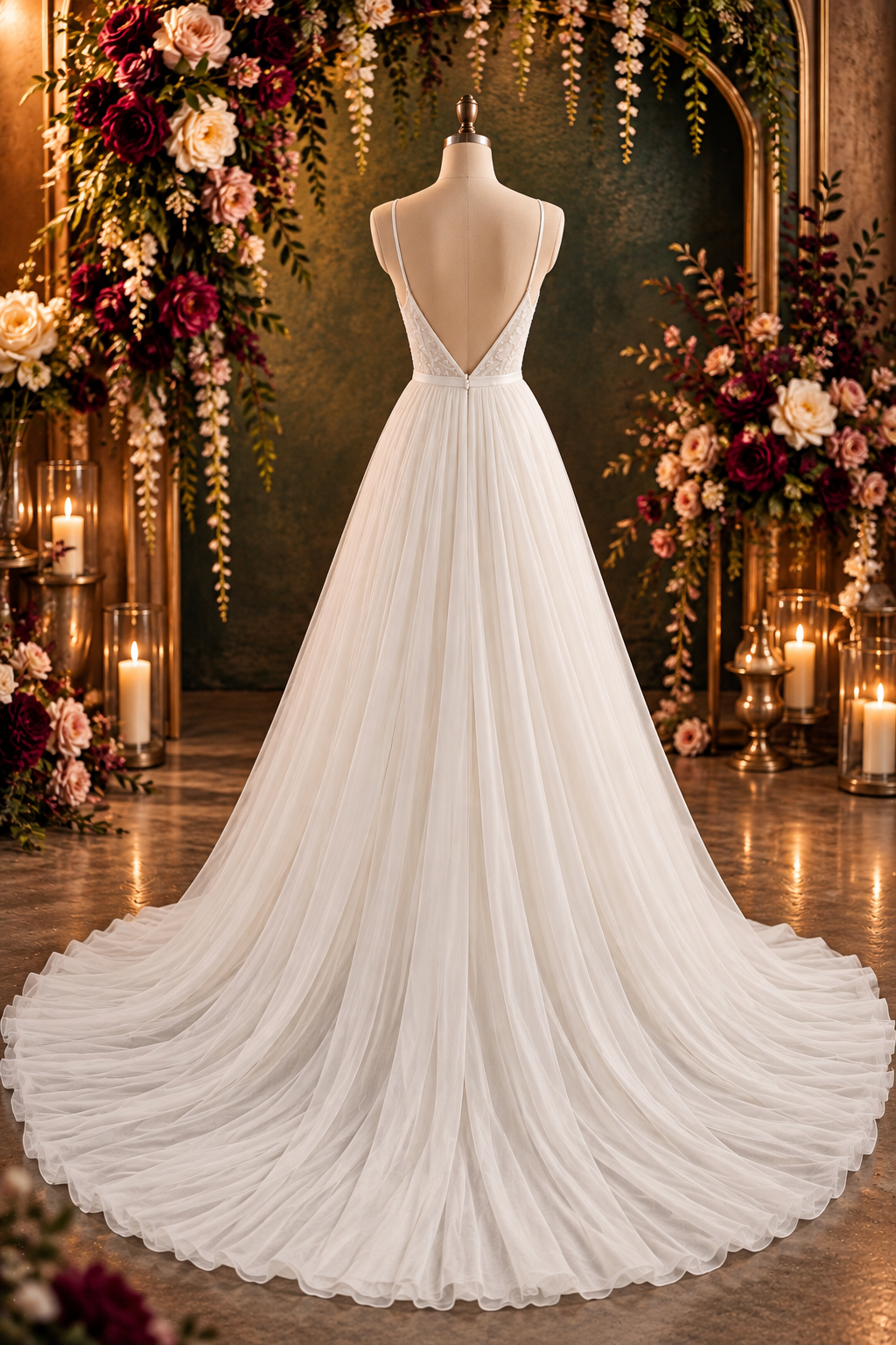 calpurnia Elegant off-white crepe and lace wedding dress with an illusion lace bodice and statement lace train.