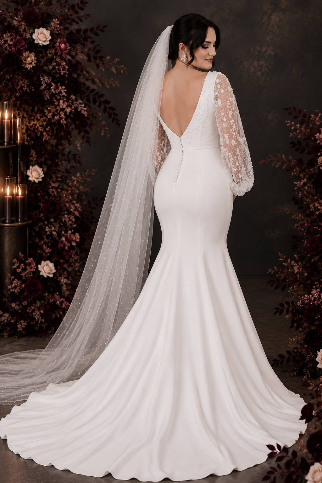 calpurnia Elegant off-white crepe and lace wedding dress with an illusion lace bodice and statement lace train.