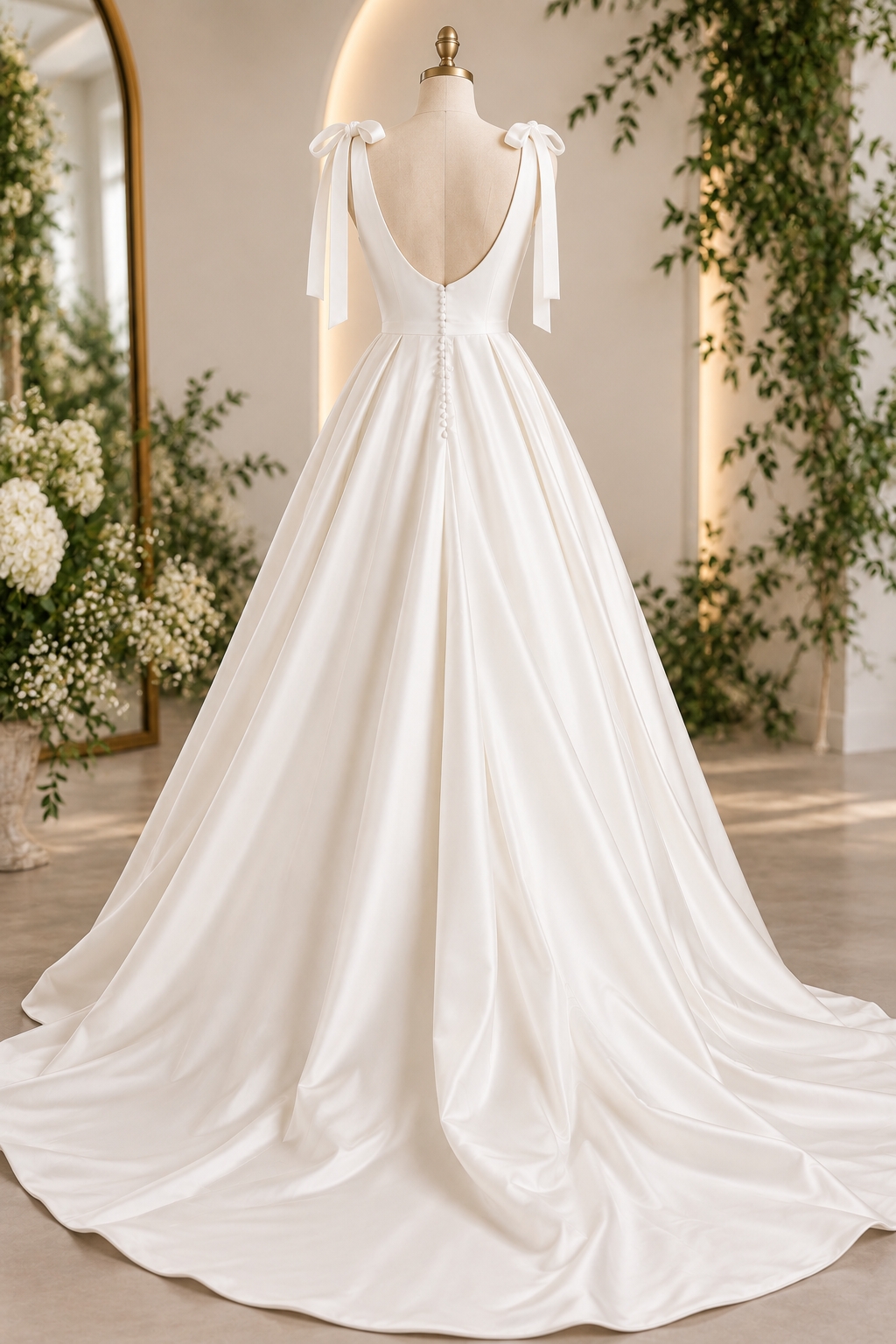 Danielle : **Danielle** – An elegant off-white satin A-line wedding dress with delicate lace detailing, romantic shoulder bows and a beautiful low scoop back.
