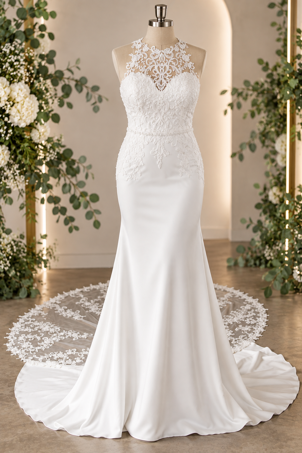 calpurnia Elegant off-white crepe and lace wedding dress with an illusion lace bodice and statement lace train.