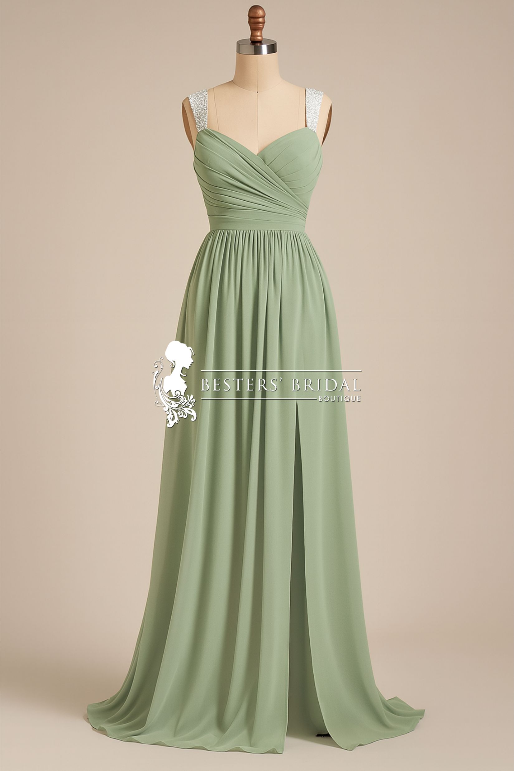 LANA Designer Ruched Chiffon Slit Evening Dress