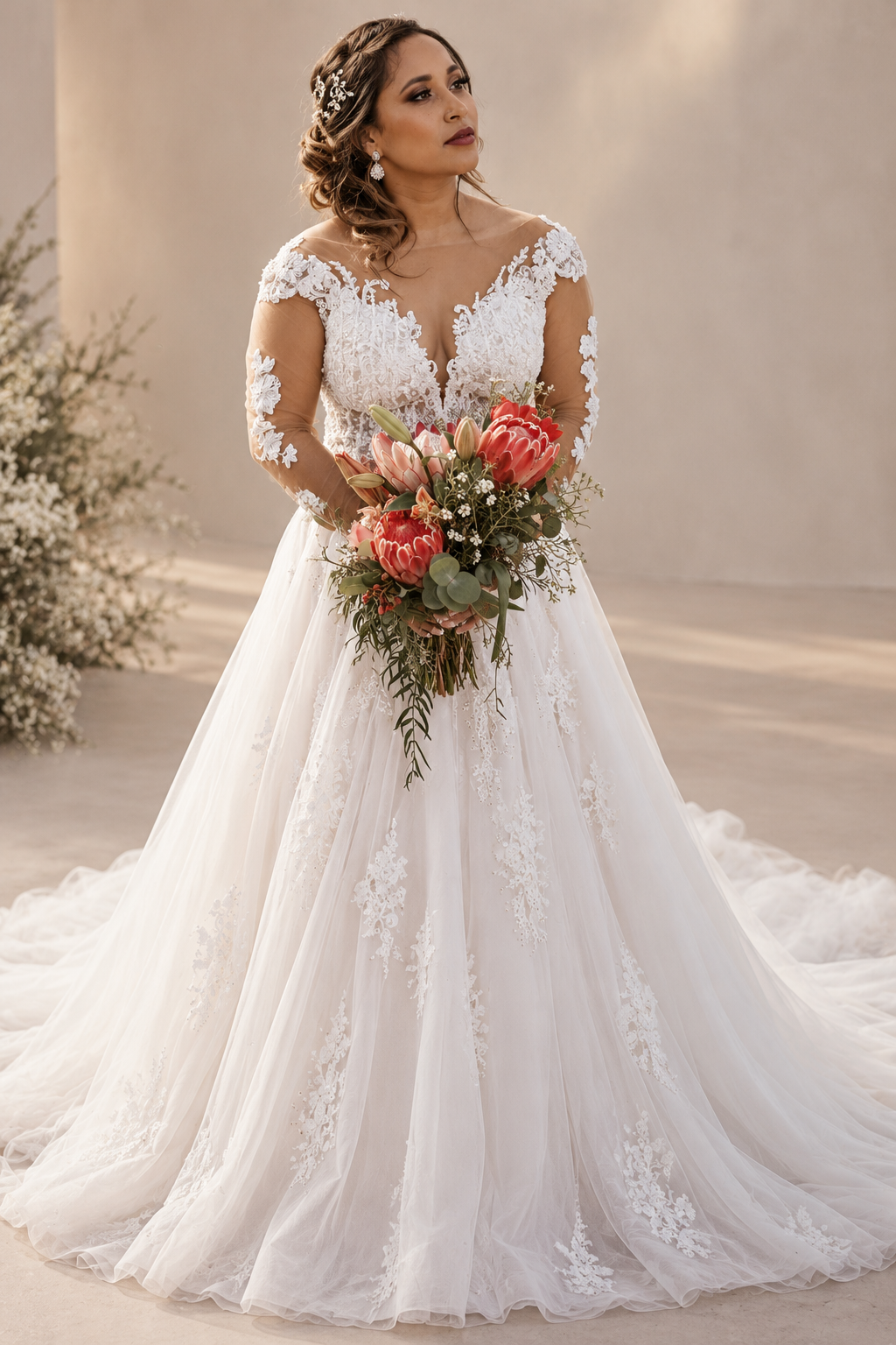 GILLIAN Romantic A-line bridal gown with delicate lace, sheer long sleeves and a beautifully flowing tulle skirt.