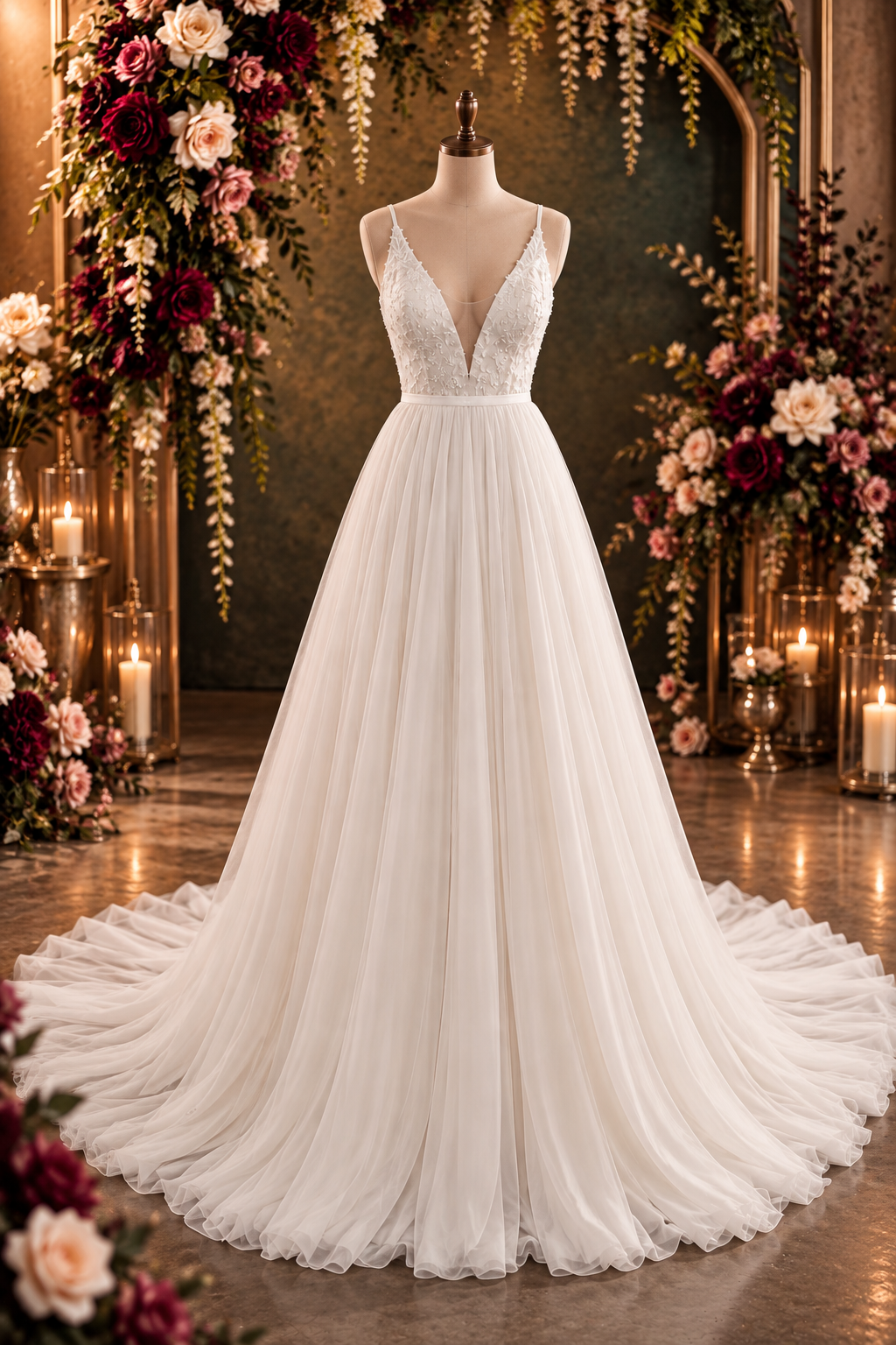 calpurnia Elegant off-white crepe and lace wedding dress with an illusion lace bodice and statement lace train.