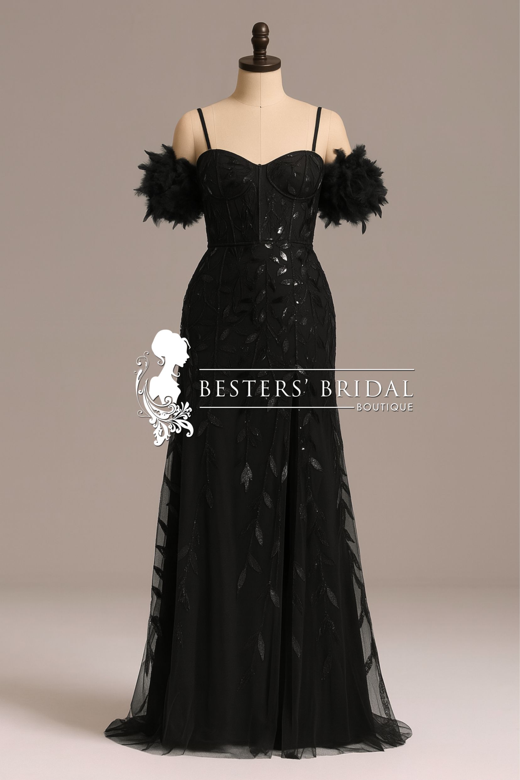 Off-Shoulder Feather Sleeve A-Line High Split Backless Sequin Formal Dress