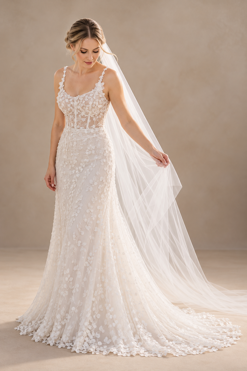JOLENE A timeless mermaid wedding dress featuring a beautifully detailed lace bodice with a deep illusion V-neckline and delicate beaded straps. The sleek fitted silhouette flows effortlessly into a soft flared skirt and graceful lace-edged train