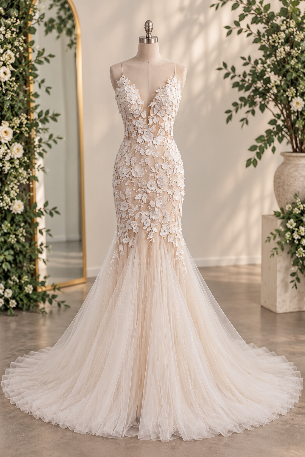 HF4258 Blush illusion bodice with ivory 3D floral lace, delicate straps and a deep plunging neckline.
