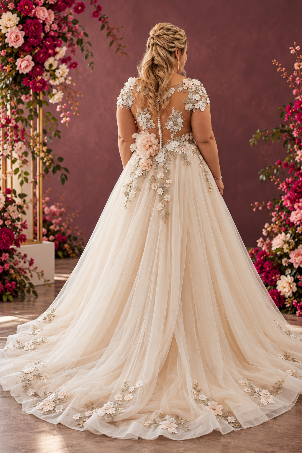 KYLIE Sheer Lace Bodice – A romantic illusion tulle bodice beautifully detailed with delicate floral lace appliqués and soft cap sleeves.