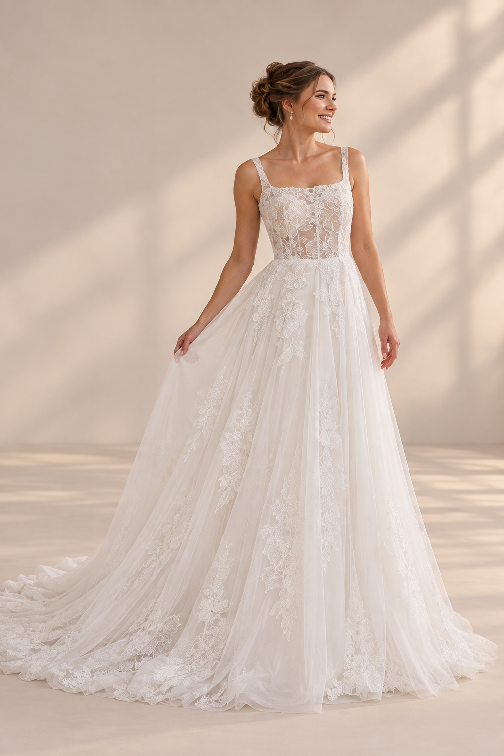 JOLENE A timeless mermaid wedding dress featuring a beautifully detailed lace bodice with a deep illusion V-neckline and delicate beaded straps. The sleek fitted silhouette flows effortlessly into a soft flared skirt and graceful lace-edged train
