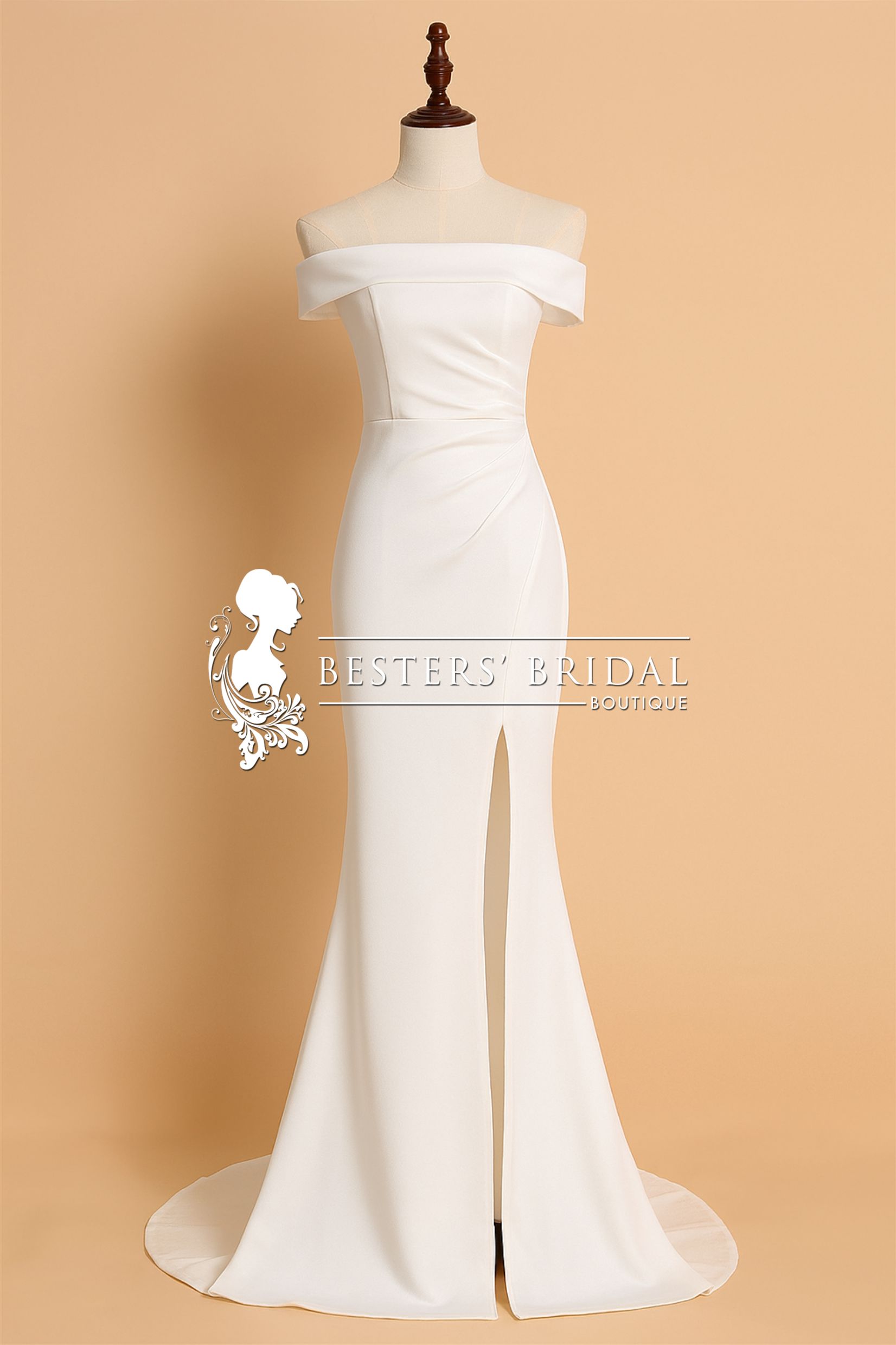 Off Shoulder Pleated Mermaid Wedding Dress featuring High Slit
