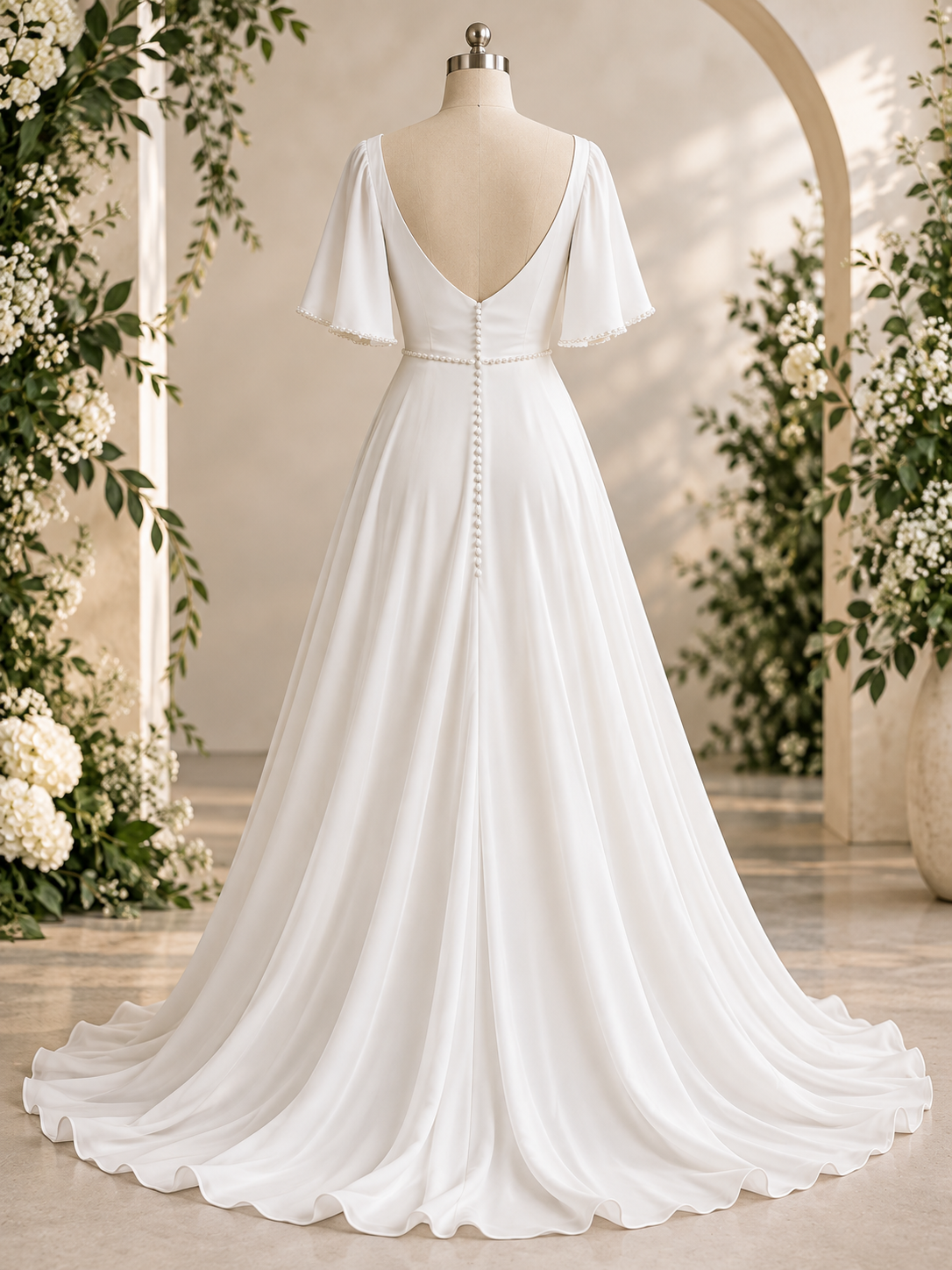 alicia An elegant off-white crepe A-line wedding dress with a softly draped bodice, flutter sleeves and delicate pearl detailing.