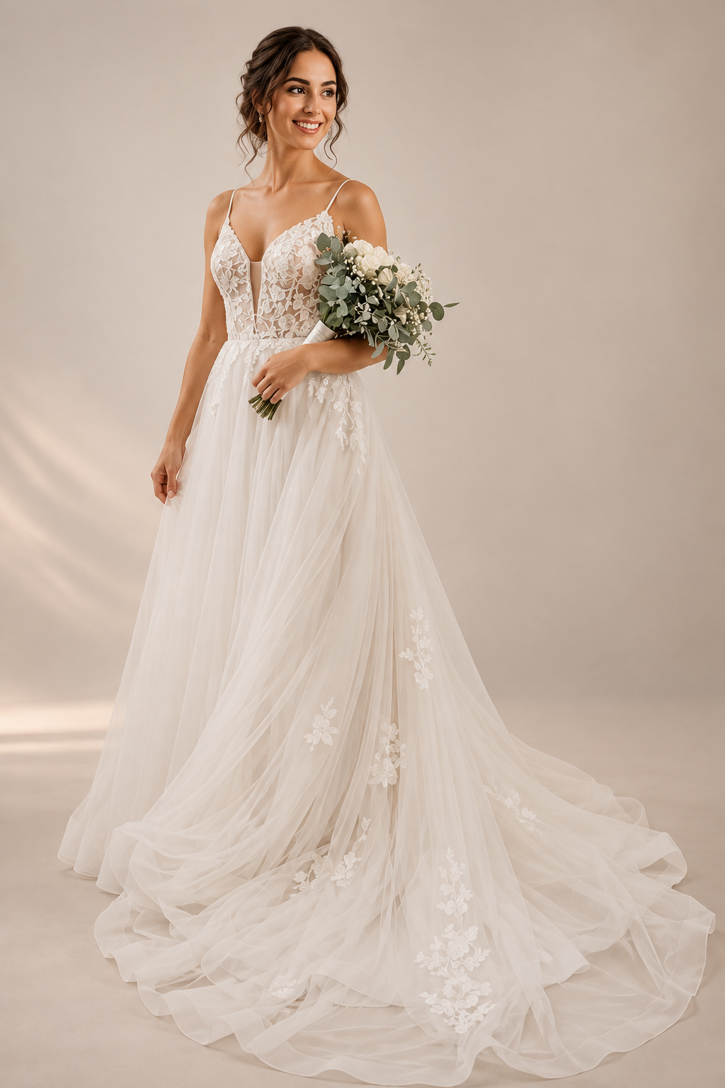 URSULA Elegant fitted crepe gown with a lace sweetheart bodice, flattering ruching, thigh-high slit and graceful train.