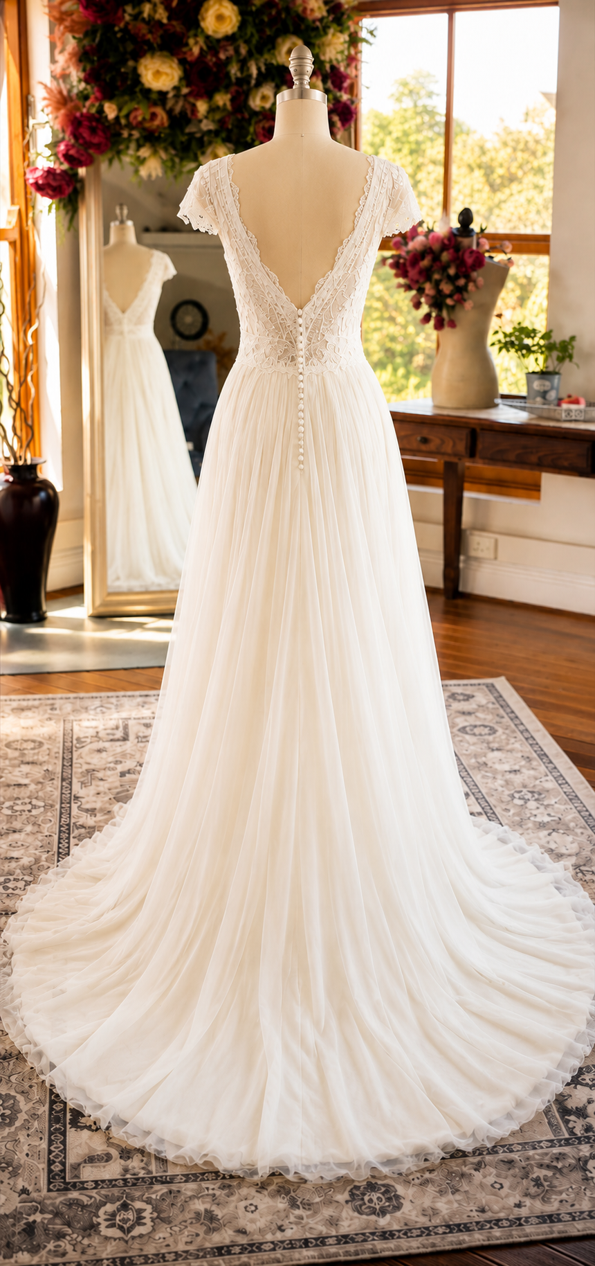 JANINE A timeless bridal gown featuring a beautifully detailed lace bodice with a deep V-neckline, delicate cap sleeves, and a soft flowing chiffon skirt.
