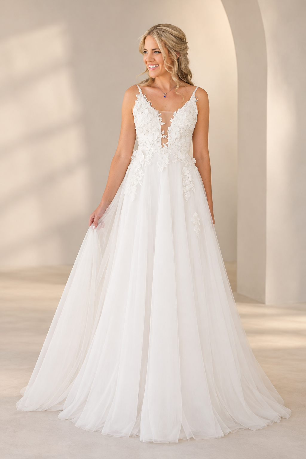 URSULA Elegant fitted crepe gown with a lace sweetheart bodice, flattering ruching, thigh-high slit and graceful train.