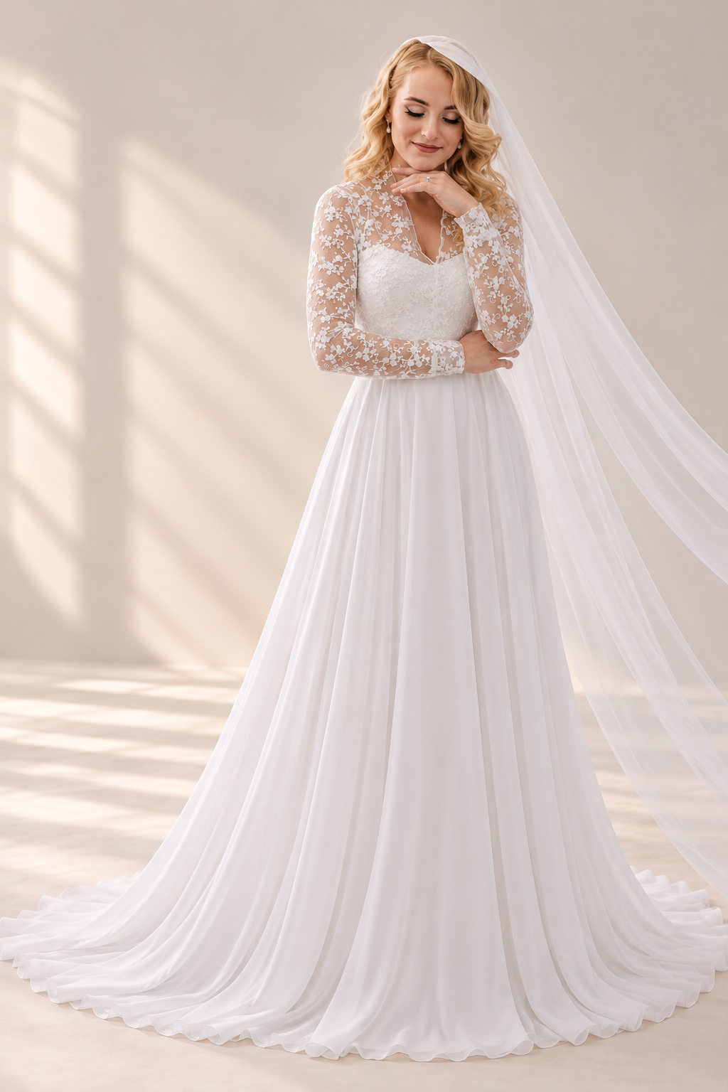 JOLENE A timeless mermaid wedding dress featuring a beautifully detailed lace bodice with a deep illusion V-neckline and delicate beaded straps. The sleek fitted silhouette flows effortlessly into a soft flared skirt and graceful lace-edged train