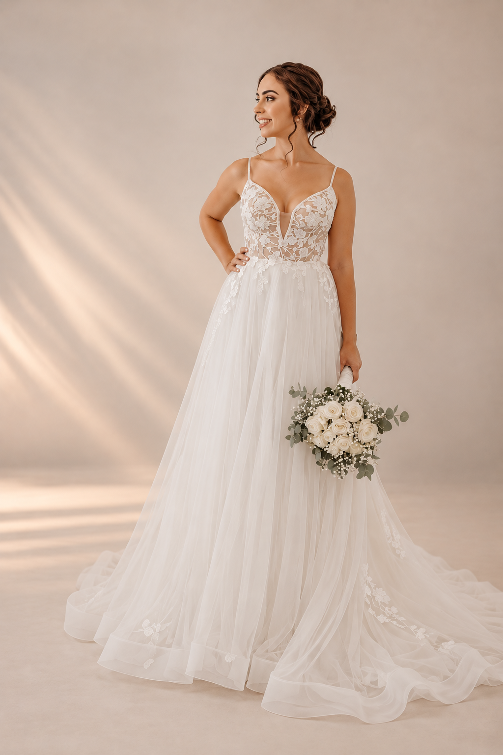 URSULA Elegant fitted crepe gown with a lace sweetheart bodice, flattering ruching, thigh-high slit and graceful train.