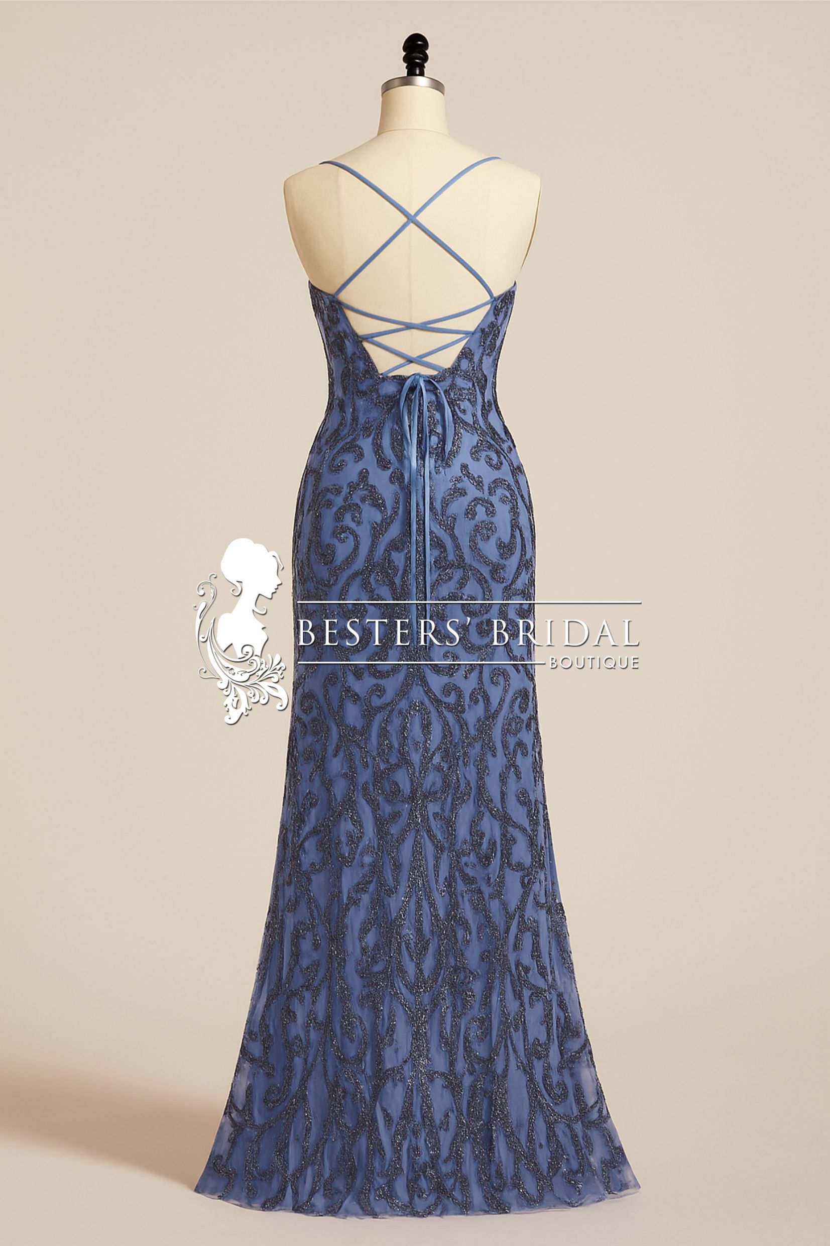 Sequined Backless High Slit Cross Back Straps Sleeveless Evening Dress