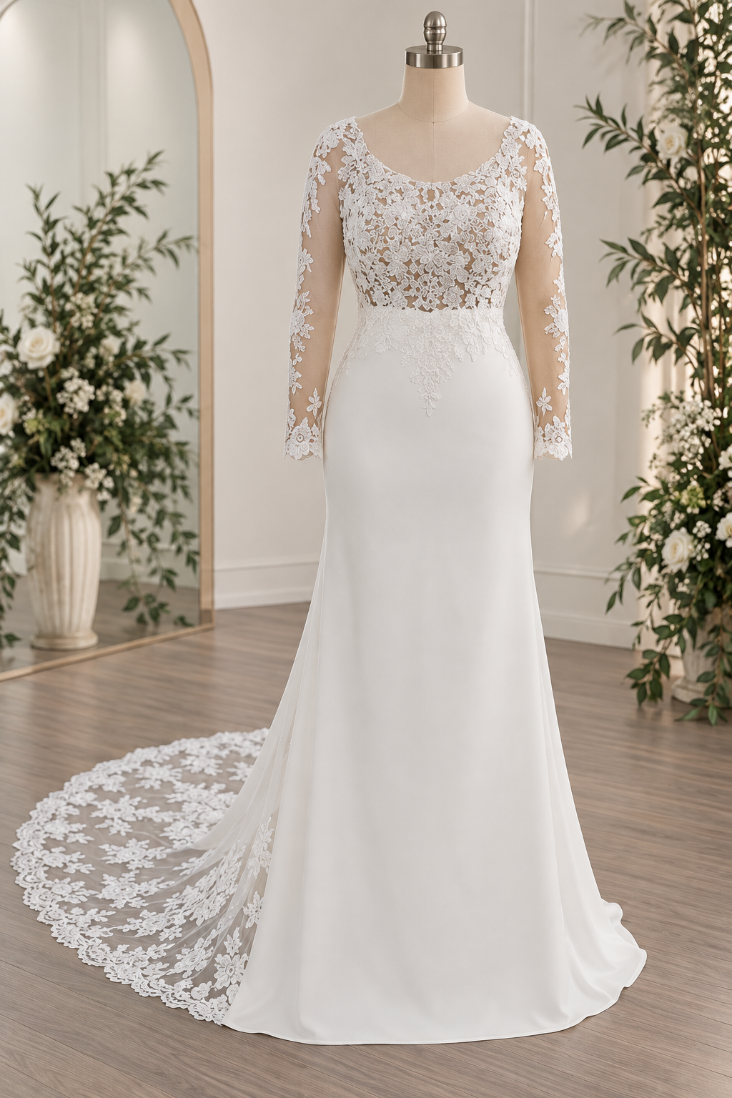 MARIZAAN An elegant off-white wedding dress featuring a delicate lace bodice with sheer lace sleeves, paired with a sleek crepe sheath skirt and a beautiful lace train.