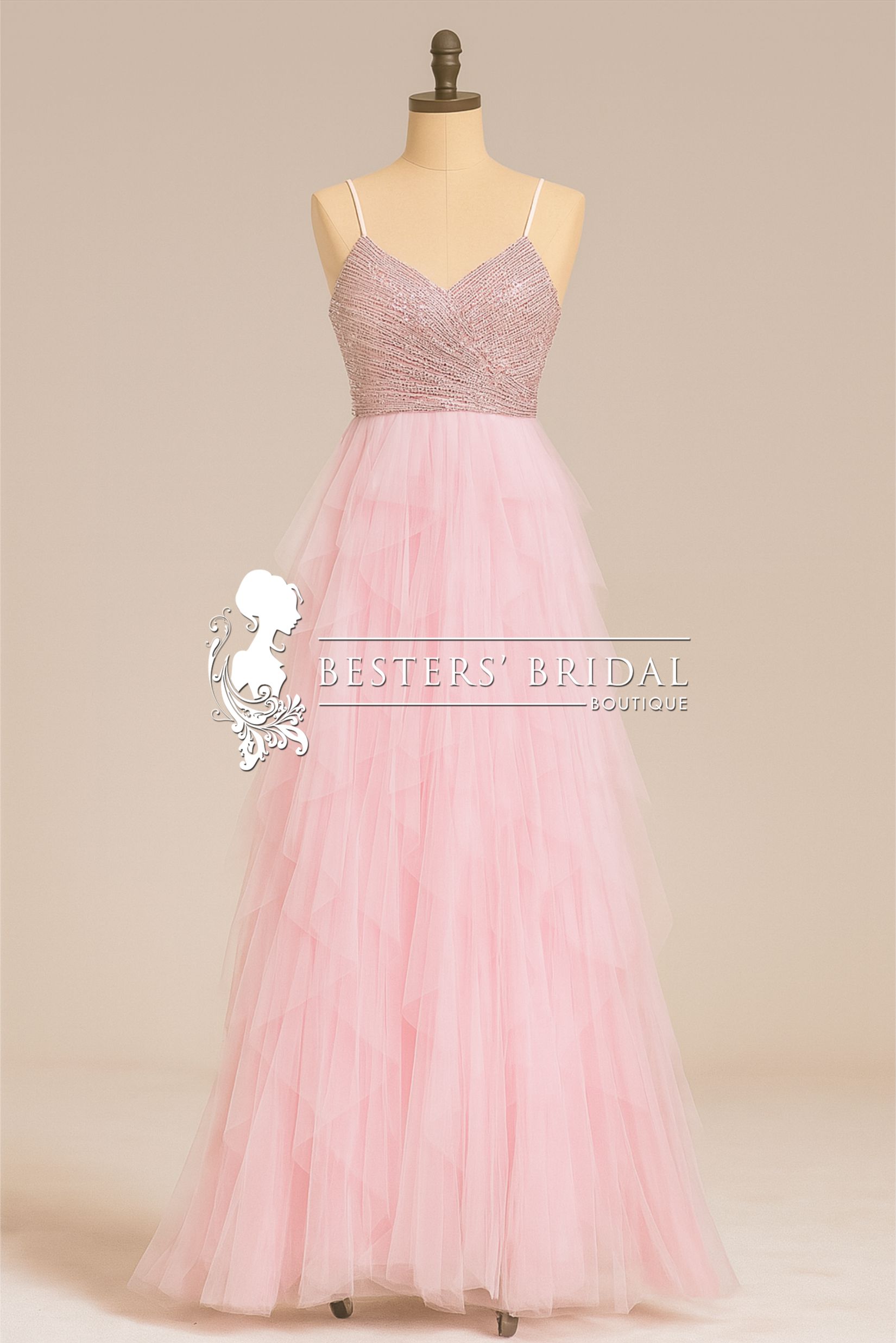 Sparkling V-Neck Spaghetti Straps Tiered Tulle Dress