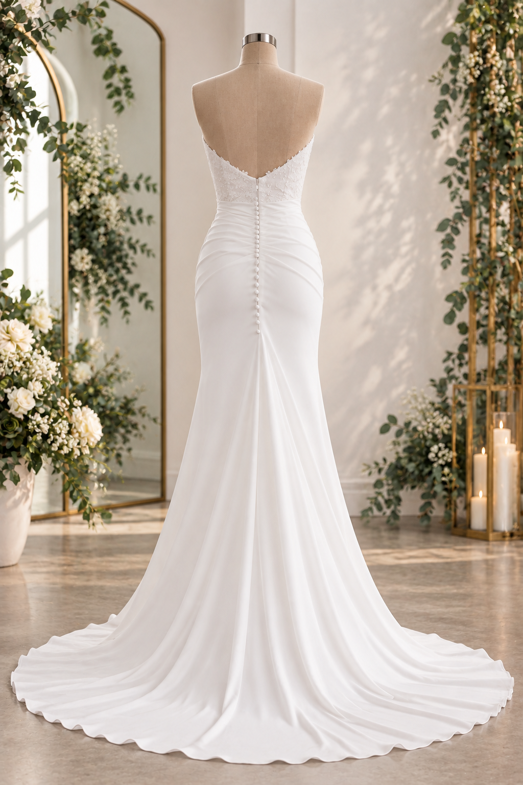 URSULA Elegant fitted crepe gown with a lace sweetheart bodice, flattering ruching, thigh-high slit and graceful train.
