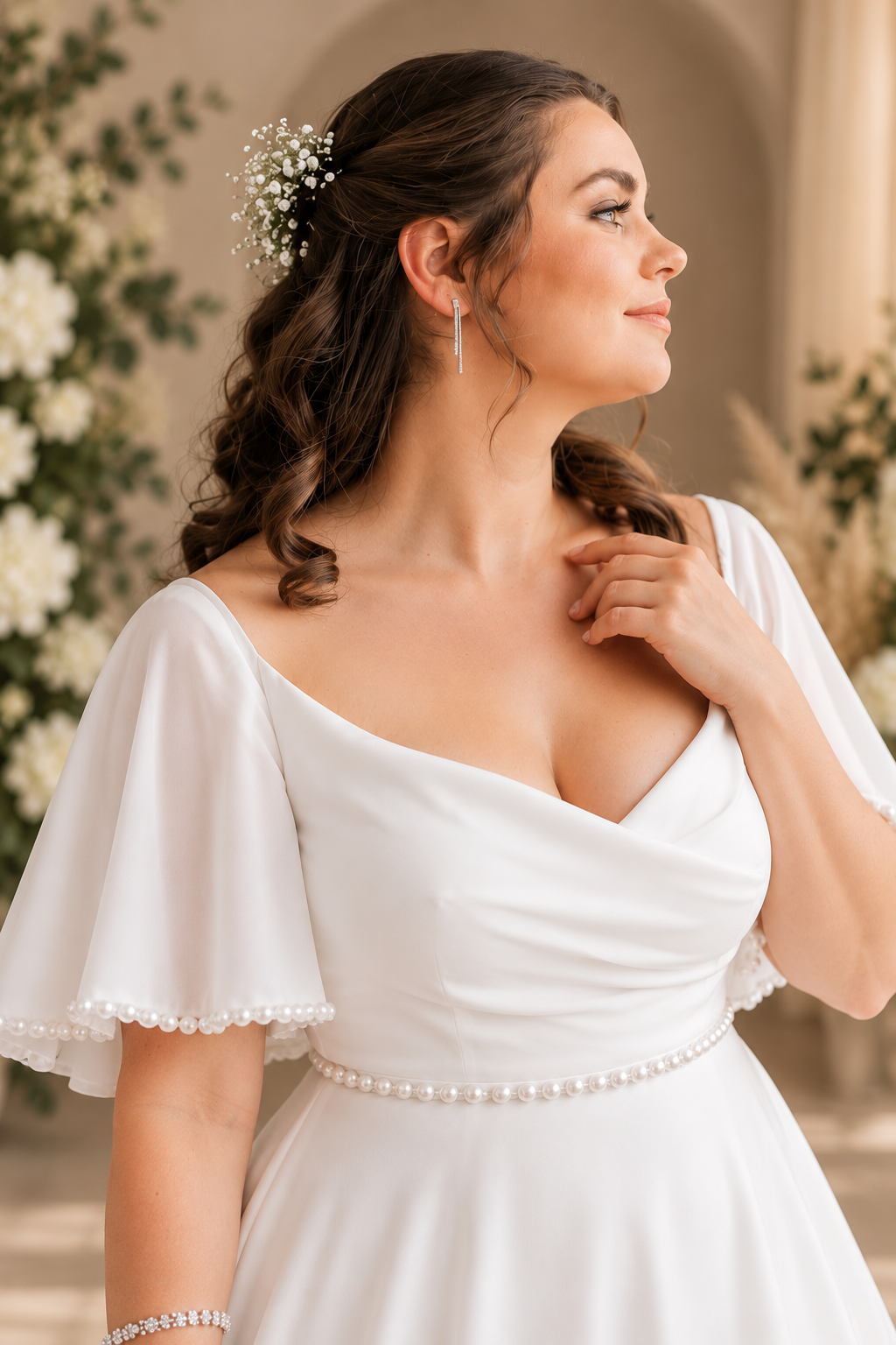 alicia An elegant off-white crepe A-line wedding dress with a softly draped bodice, flutter sleeves and delicate pearl detailing.