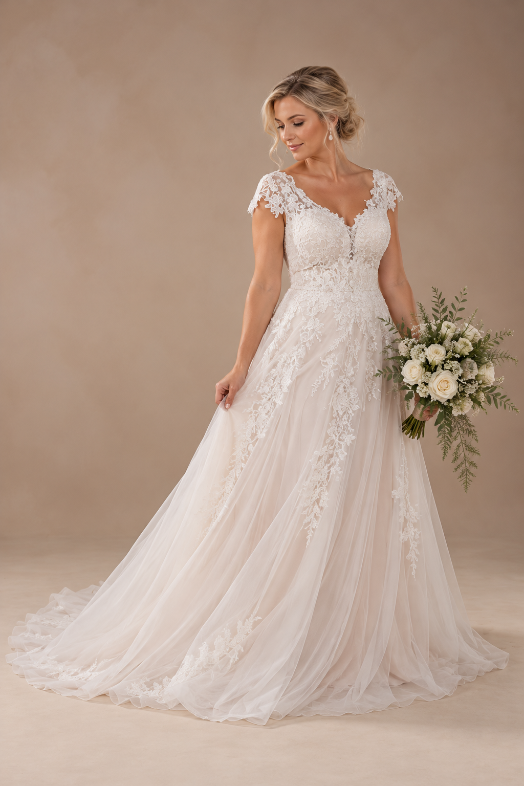 URSULA Elegant fitted crepe gown with a lace sweetheart bodice, flattering ruching, thigh-high slit and graceful train.