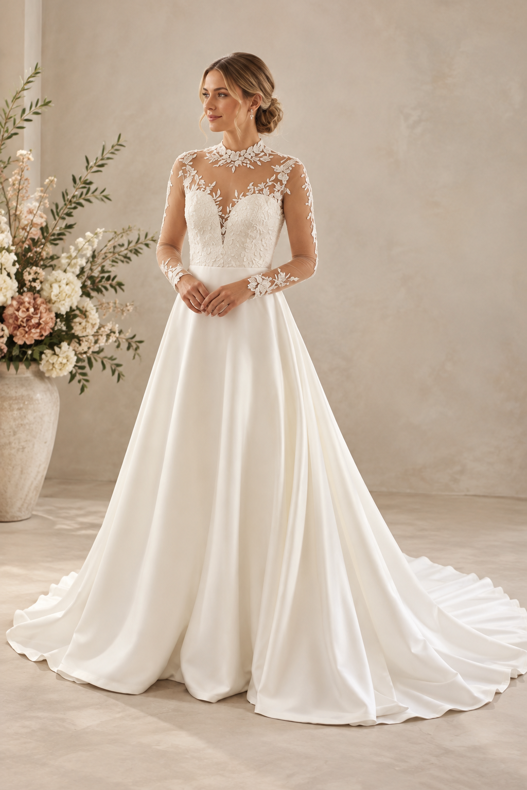 JOLENE A timeless mermaid wedding dress featuring a beautifully detailed lace bodice with a deep illusion V-neckline and delicate beaded straps. The sleek fitted silhouette flows effortlessly into a soft flared skirt and graceful lace-edged train