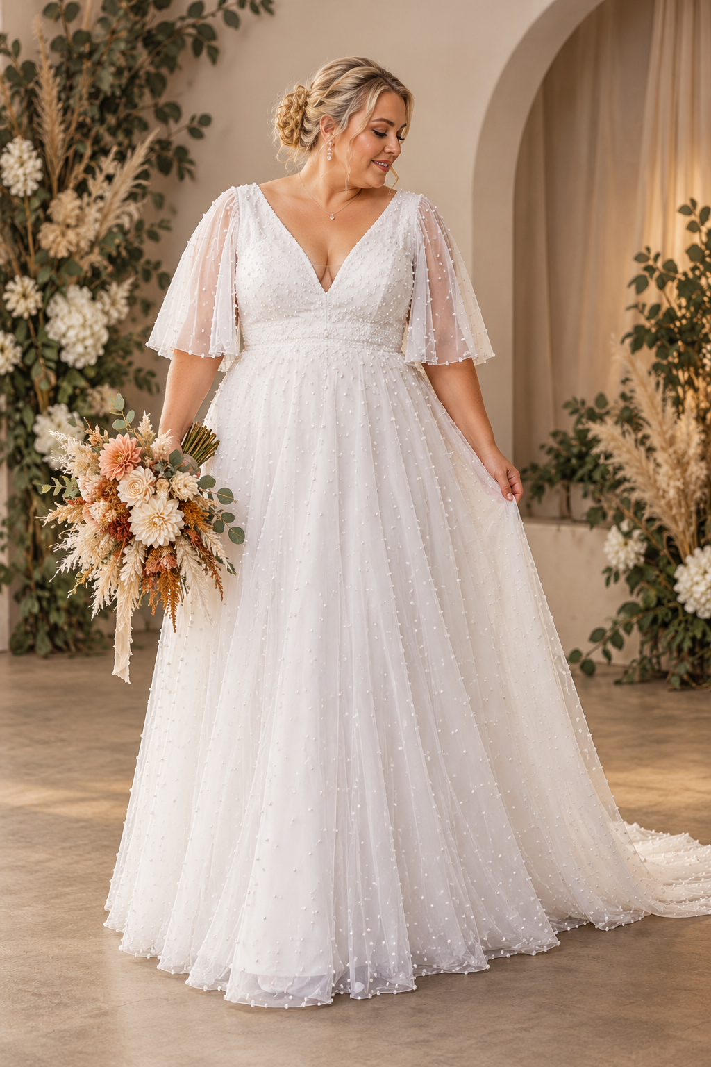 URSULA Elegant fitted crepe gown with a lace sweetheart bodice, flattering ruching, thigh-high slit and graceful train.