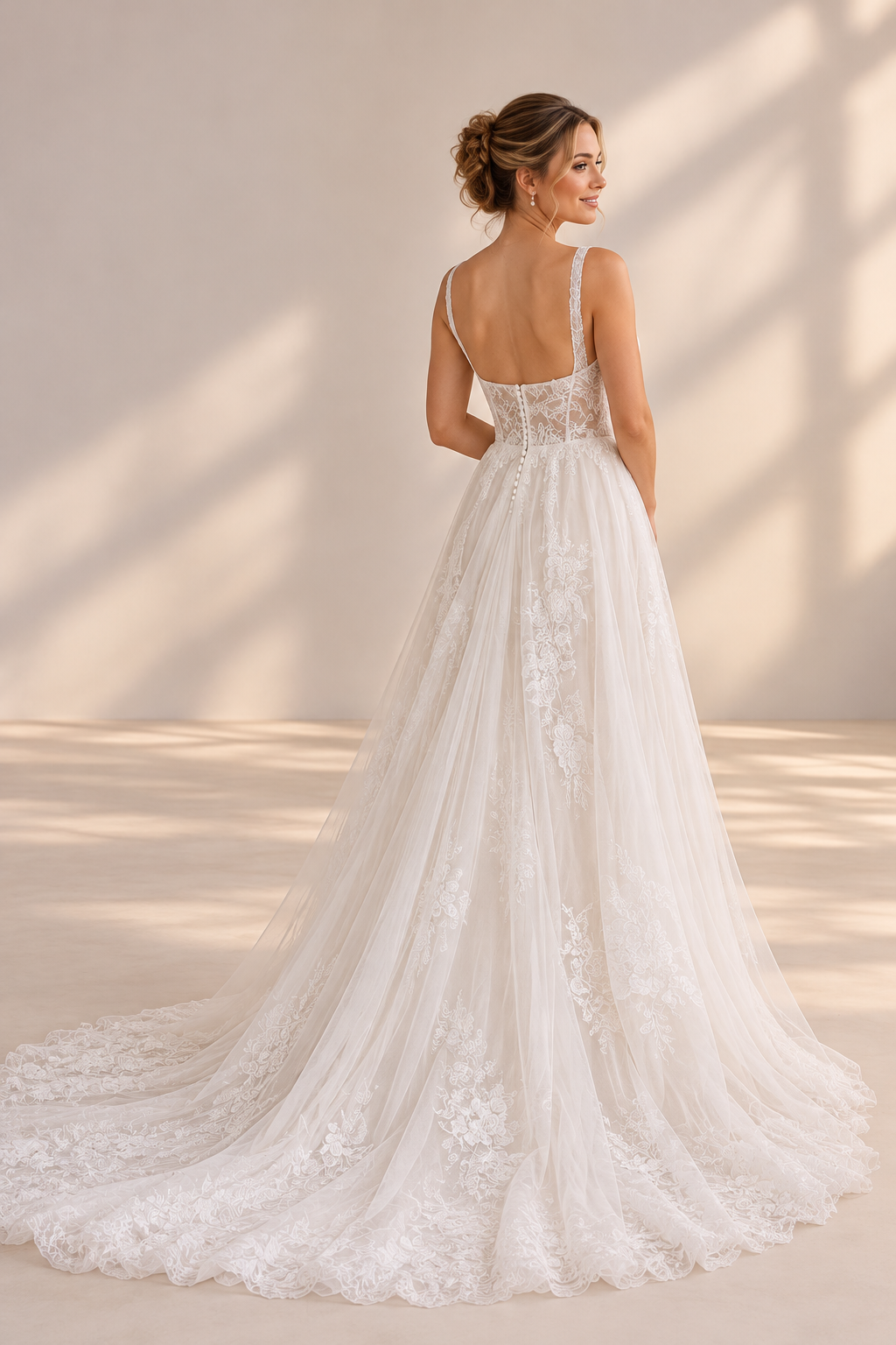 JOLENE A timeless mermaid wedding dress featuring a beautifully detailed lace bodice with a deep illusion V-neckline and delicate beaded straps. The sleek fitted silhouette flows effortlessly into a soft flared skirt and graceful lace-edged train